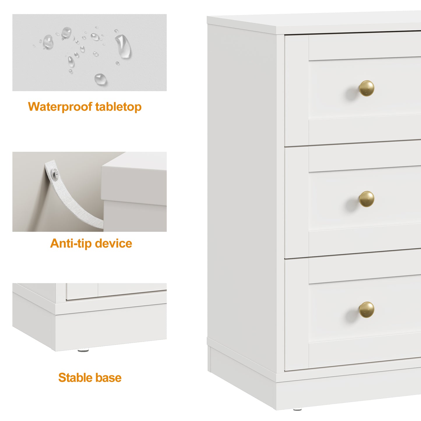 Royalcraft 3 Drawer Nightstand, Large Bedside Table with Golden Round Knobs, Modern Wood End Table, Accent Side Table Chest of Drawers for Bedroom, Living Room, Hallway, Closet