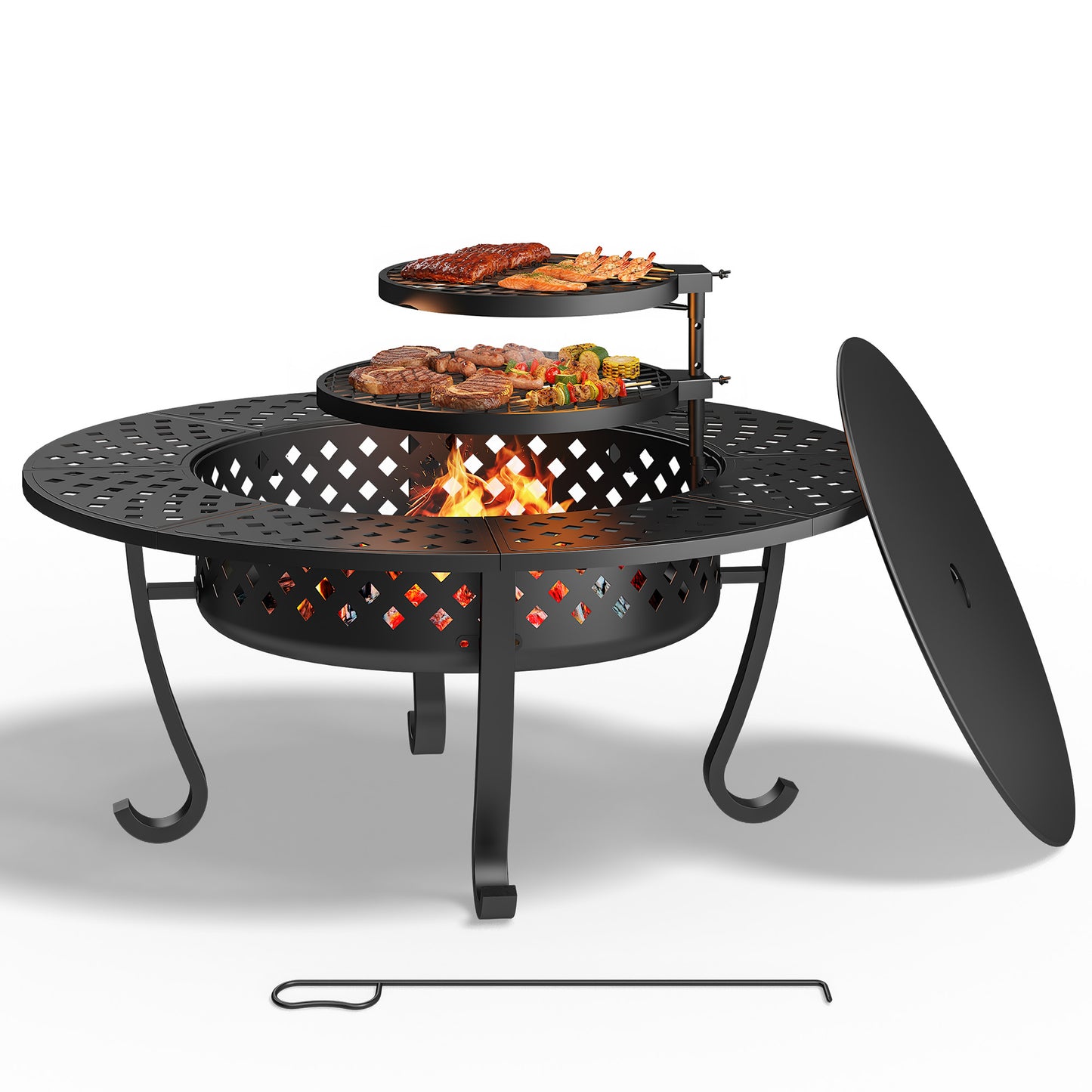 43'' Fire Pit with 2 Grills, Outdoor Wood Burning Fireplace with Lid and Fire Poker, BBQ & Bonfire & Round Metal Table 3 in 1 for Patio, Backyard, Garden, Black