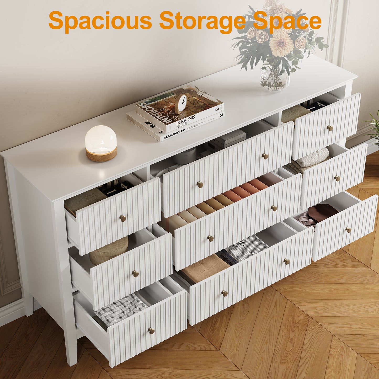 Royalcraft Fluted 9 Drawer Dresser, 59'' Wide Modern Chest of Drawers with Metal Handles, Wooden TV Stand Storage Organizer for Bedroom, Living Room, Entryway, White