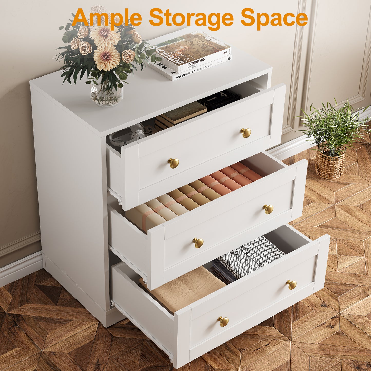 Royalcraft 3 Drawer Nightstand, Large Bedside Table with Golden Round Knobs, Modern Wood End Table, Accent Side Table Chest of Drawers for Bedroom, Living Room, Hallway, Closet
