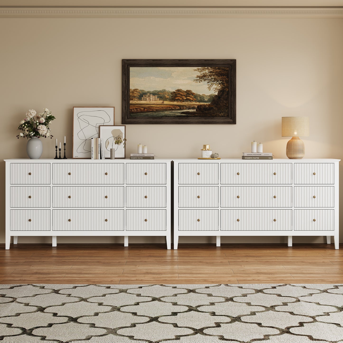 Royalcraft Fluted 9 Drawer Dresser, 59'' Wide Modern Chest of Drawers with Metal Handles, Wooden TV Stand Storage Organizer for Bedroom, Living Room, Entryway, White