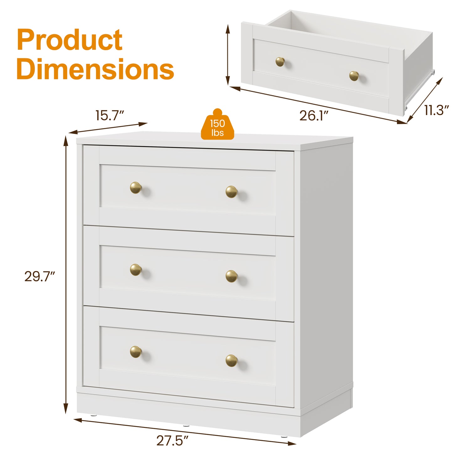 Royalcraft 3 Drawer Nightstand, Large Bedside Table with Golden Round Knobs, Modern Wood End Table, Accent Side Table Chest of Drawers for Bedroom, Living Room, Hallway, Closet