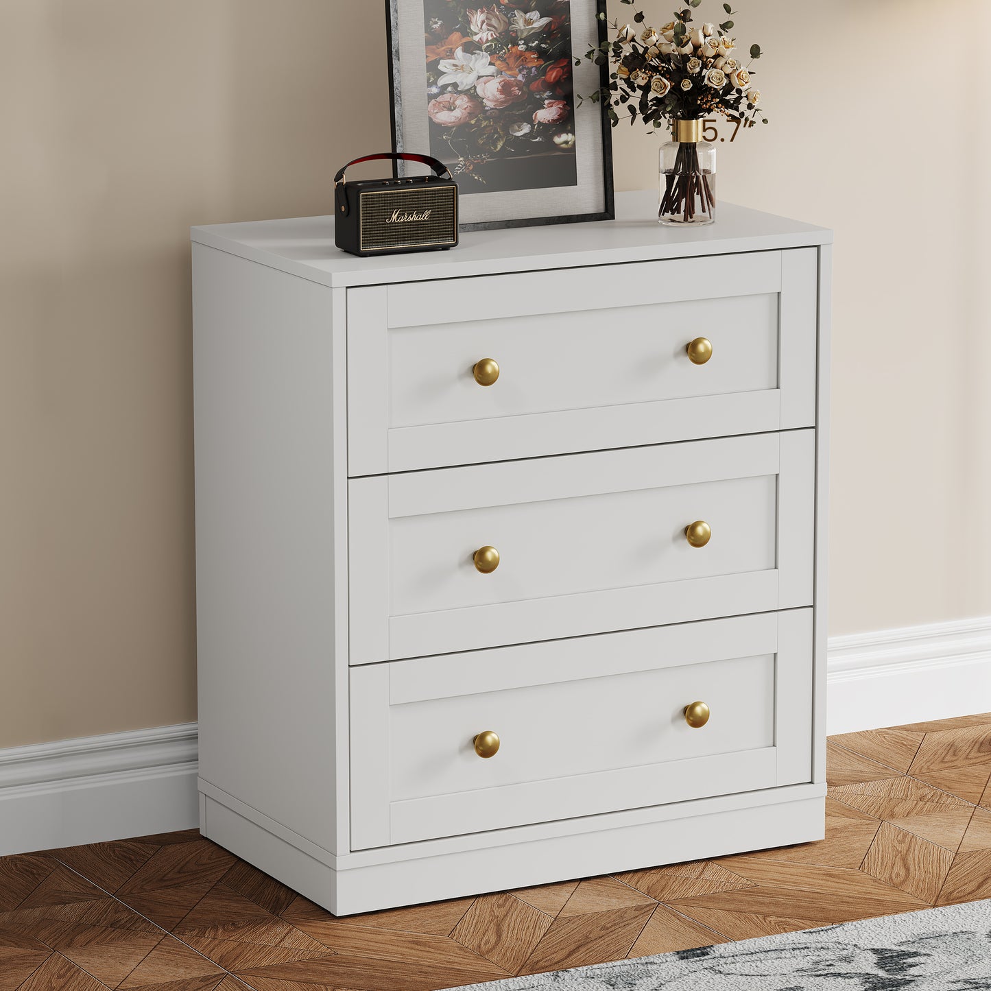 Royalcraft 3 Drawer Nightstand, Large Bedside Table with Golden Round Knobs, Modern Wood End Table, Accent Side Table Chest of Drawers for Bedroom, Living Room, Hallway, Closet