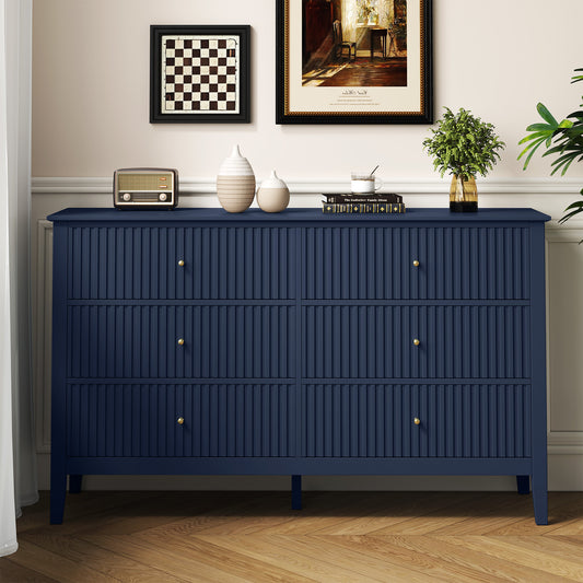 Royalcraft Fluted 6 Drawer Dresser, Wide Modern Chest of Drawers, Large Wood Storage Cabinet Organizer for Bedroom, Living Room, Hallway, Entryway, Blue