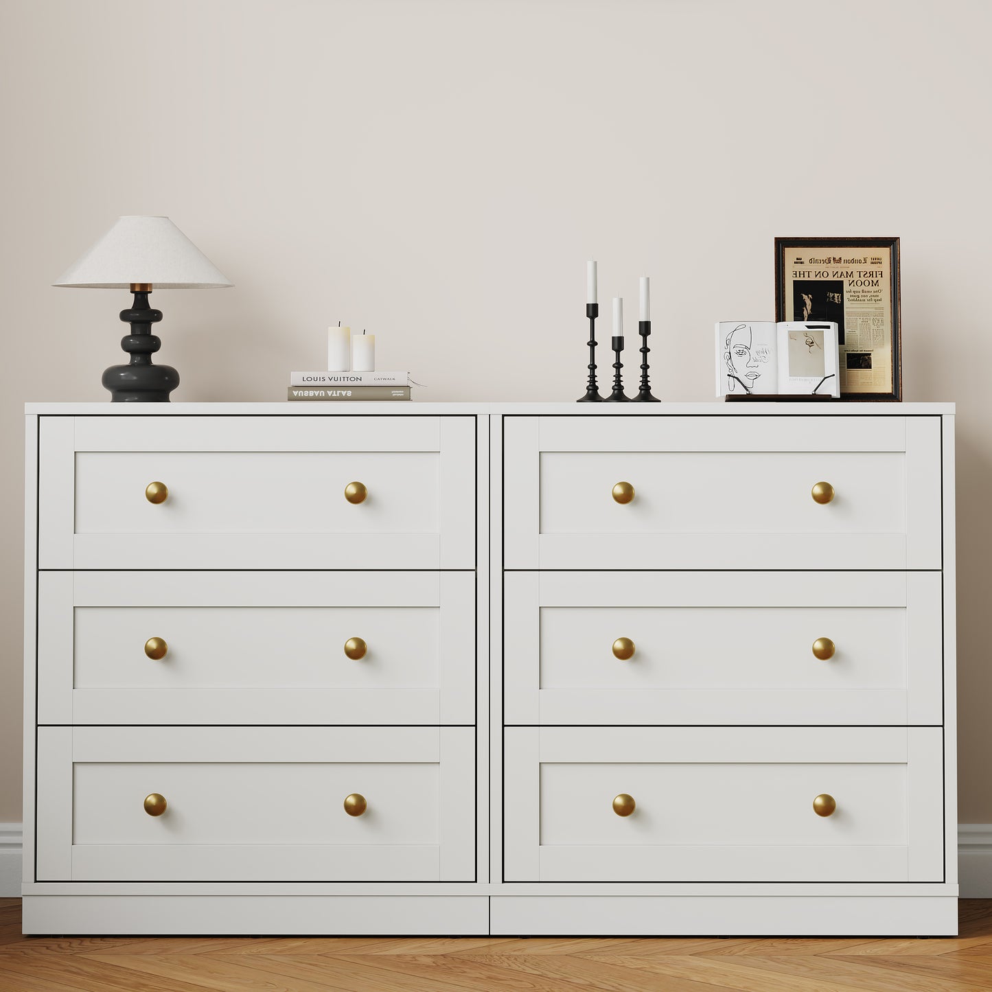 Royalcraft 3 Drawer Nightstand, Large Bedside Table with Golden Round Knobs, Modern Wood End Table, Accent Side Table Chest of Drawers for Bedroom, Living Room, Hallway, Closet
