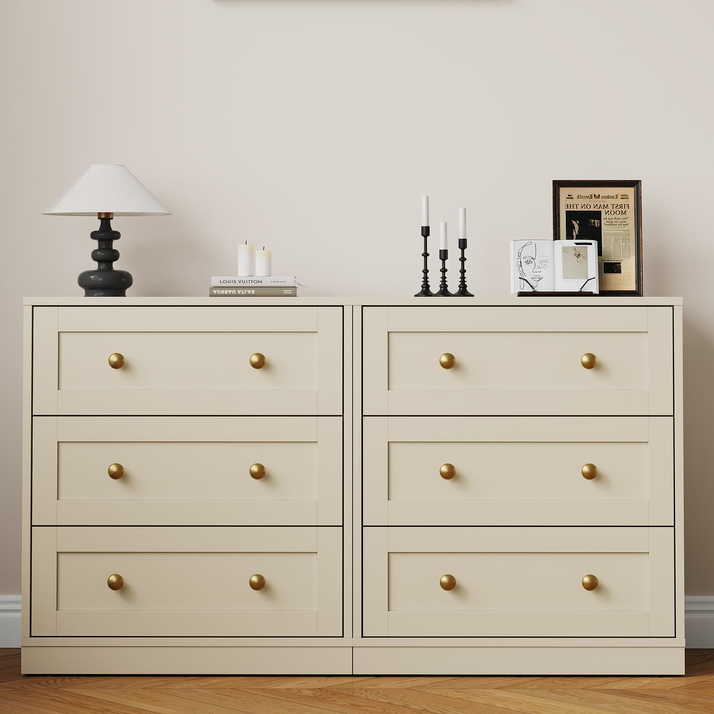 Royalcraft 3 Drawer Nightstand, Large Bedside Table with Golden Round Knobs, Modern Wood End Table, Accent Side Table Chest of Drawers for Bedroom, Living Room, Hallway, Closet