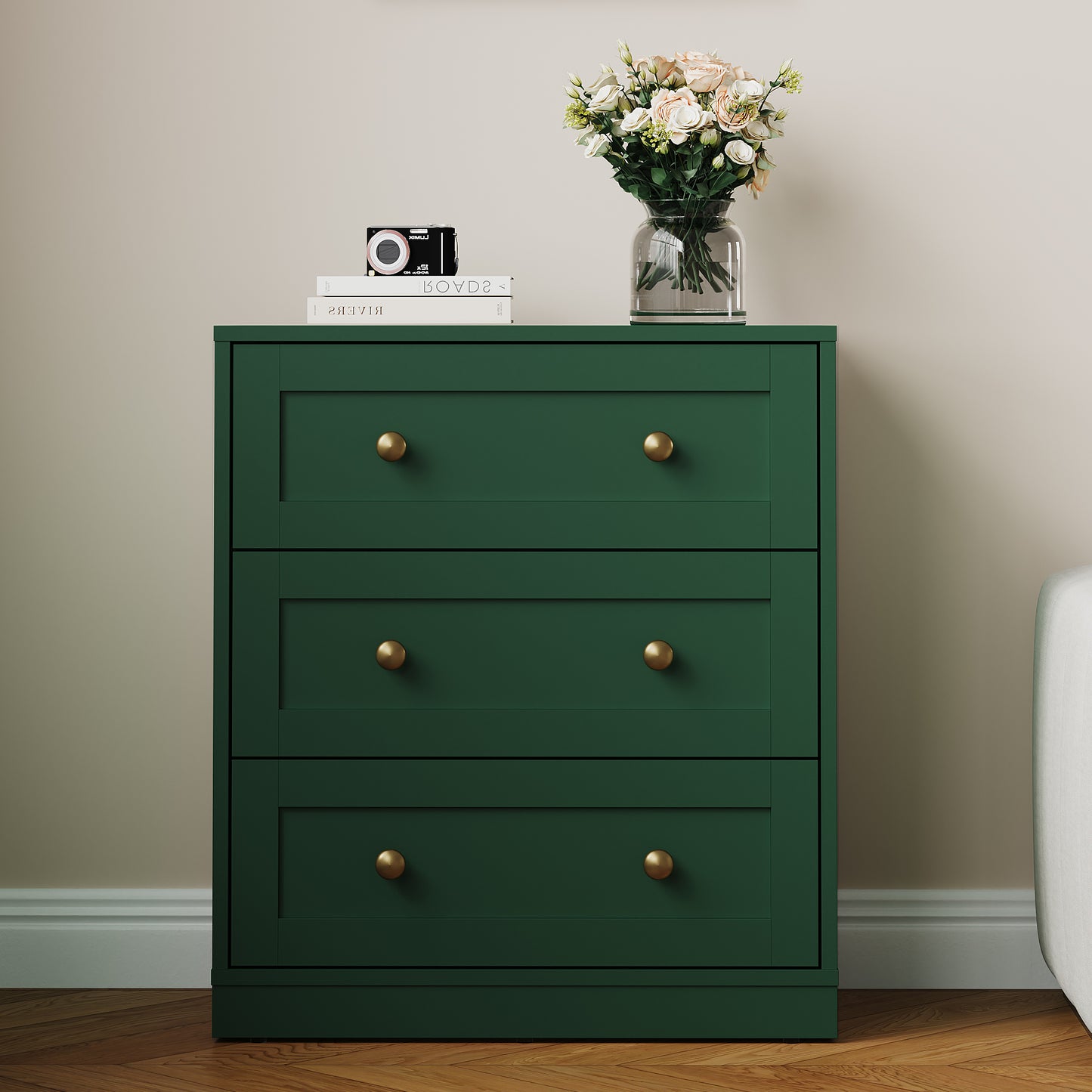 Royalcraft 3 Drawer Nightstand, Large Bedside Table with Golden Round Knobs, Modern Wood End Table, Accent Side Table Chest of Drawers for Bedroom, Living Room, Hallway, Closet