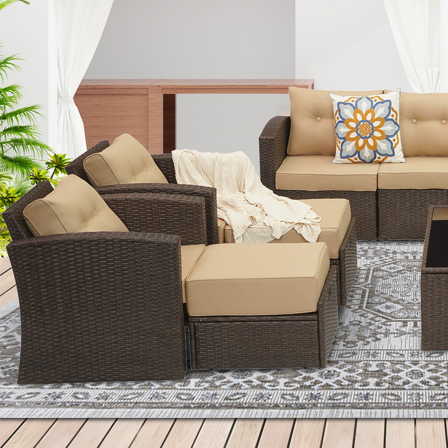 Royalcaft 2 Piece Outdoor Patio Wicker Armchairs, All Weather Outside Rattan Chair Patio Furniture Set with Blue Cushions