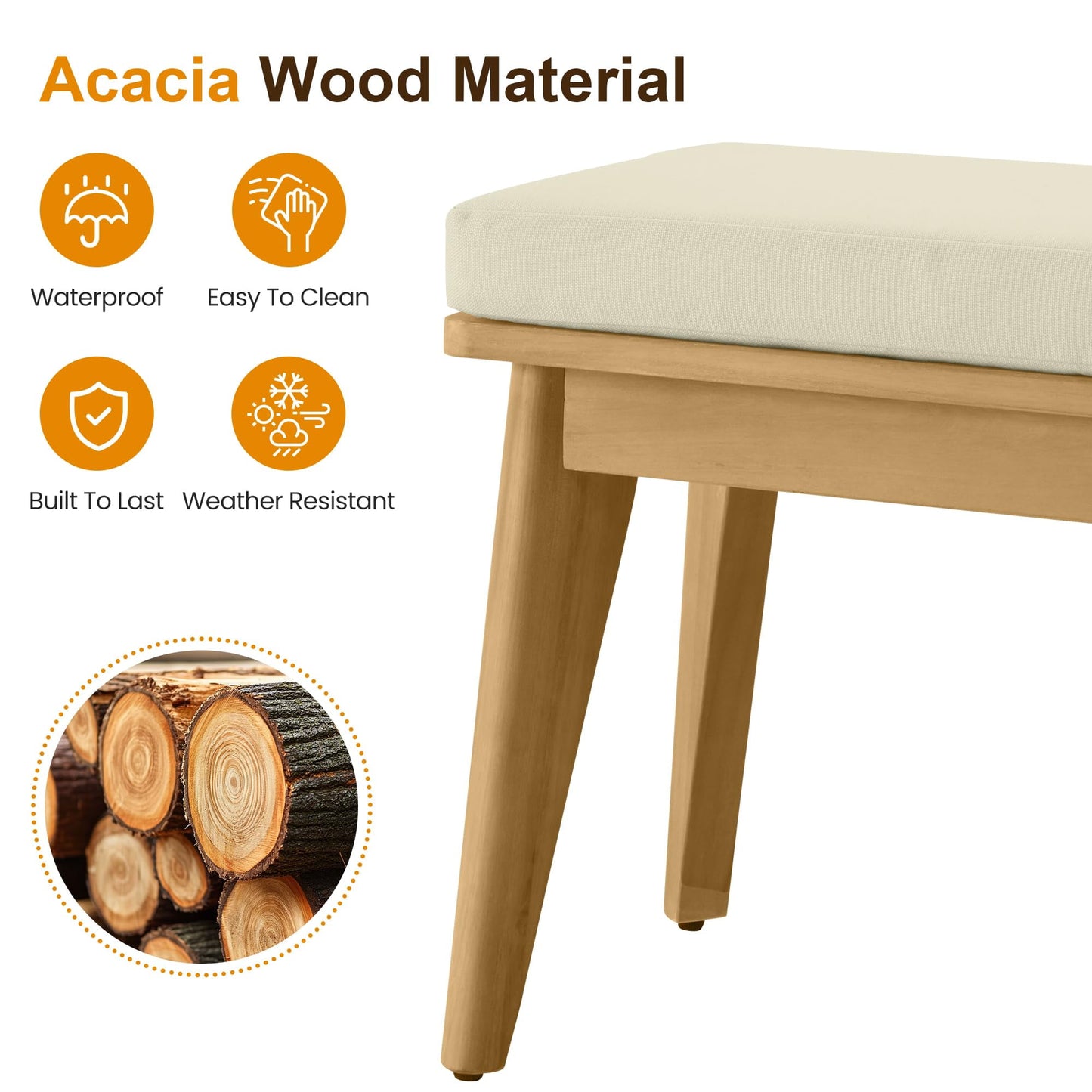 Heynemo Acacia Patio Bench Set of 2, Upholstered Bench with Thick Cushion, Modern Wood Outdoor Dining Bench for Porch, Backyard, Garden, Indoor, Beige