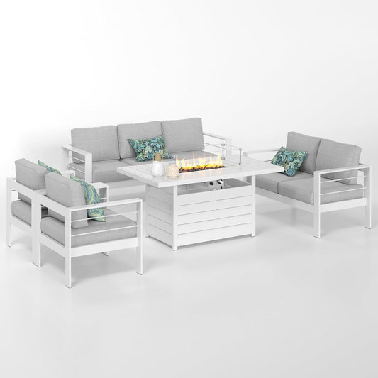 RoyalCarft Aluminum Patio Furniture Set with Fire Pit Table, 5 Piece Metal Outdoor Furniture with Water-Resistant Cushions, Modern Patio Conversation Set for Balcony, Front Porch, and Backyard