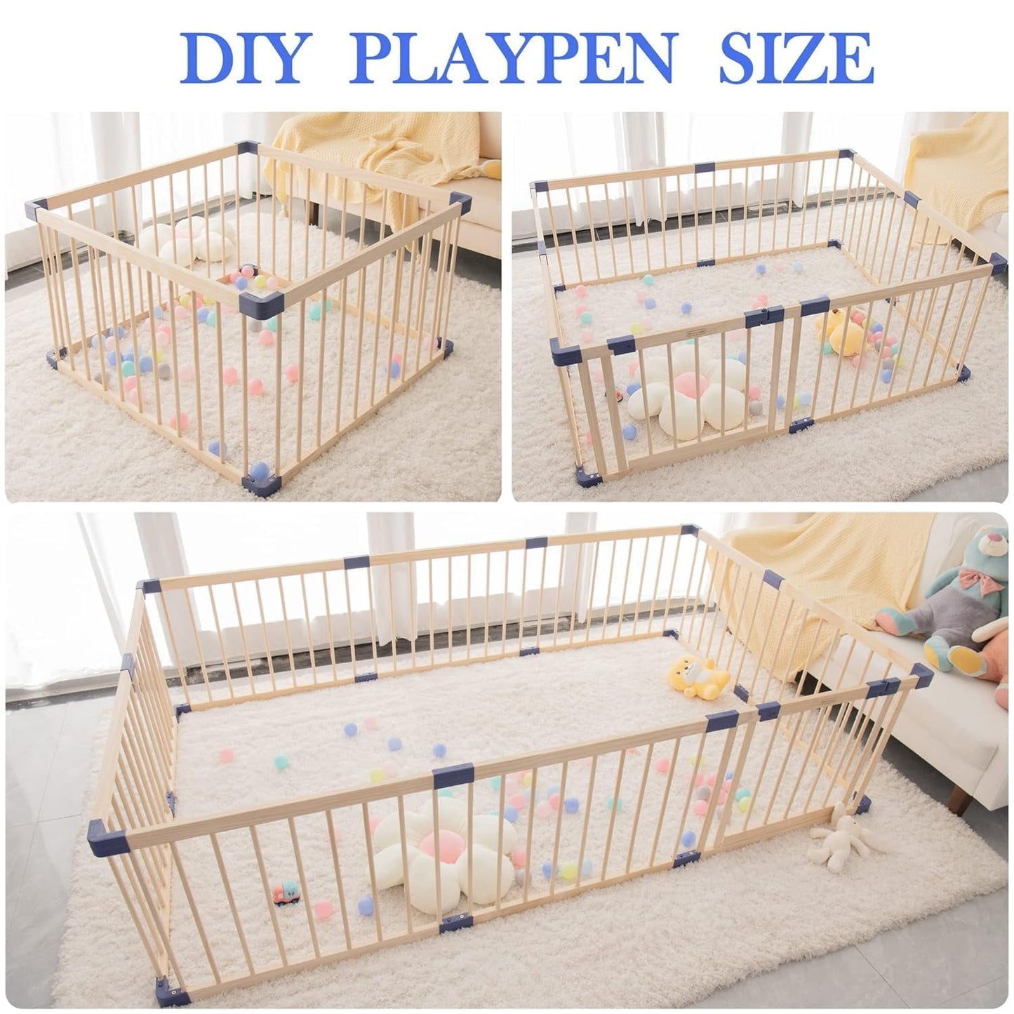 Superjoe Baby Playpen Kids Fence with Safety Gate, Activity Play Center, Safety and Anti-Drop Function, Safety Play Yard Indoor Outdoor Pure Wooden Baby Playpen (71"*63"*24")