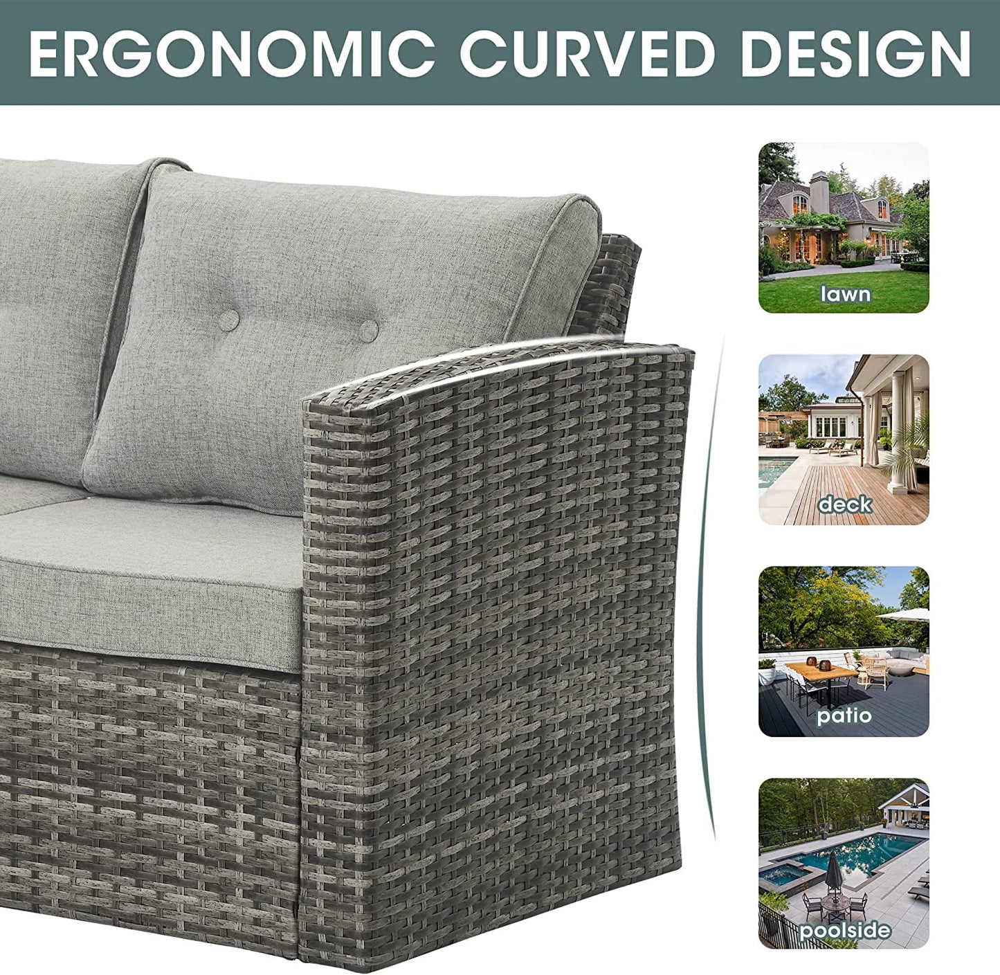 RoyalCraft Modular Collections Patio Sofa Chair with Ottoman, Outdoor Brown Rattan Lounger Sofa Chair Set with Seat and Back Cushions, Aluminum Frame