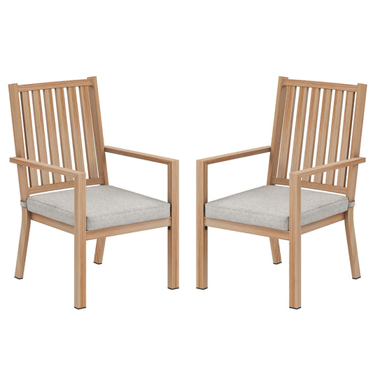 Heynemo Patio Dining Chair Set of 2, Aluminum Outdoor Dining Chairs, Metal Outdoor Patio Furniture Seating with Cushions, Perfect for Porch, Balcony, Deck, Backyard, Light Wood Color