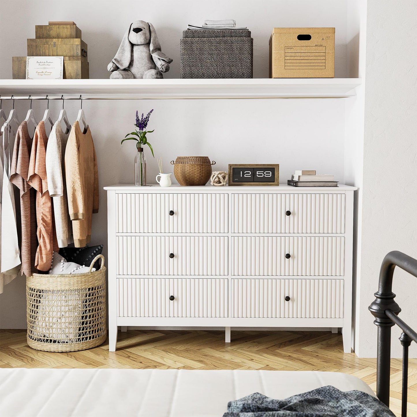 RoyalCraft White Fluted 6 Drawer Dresser for Bedroom, Modern Chest of Drawers, Wood Dresser for Storage Clothes, Wooden Storage Cabinet for Bedroom, Hallway, Living Room, Entryway