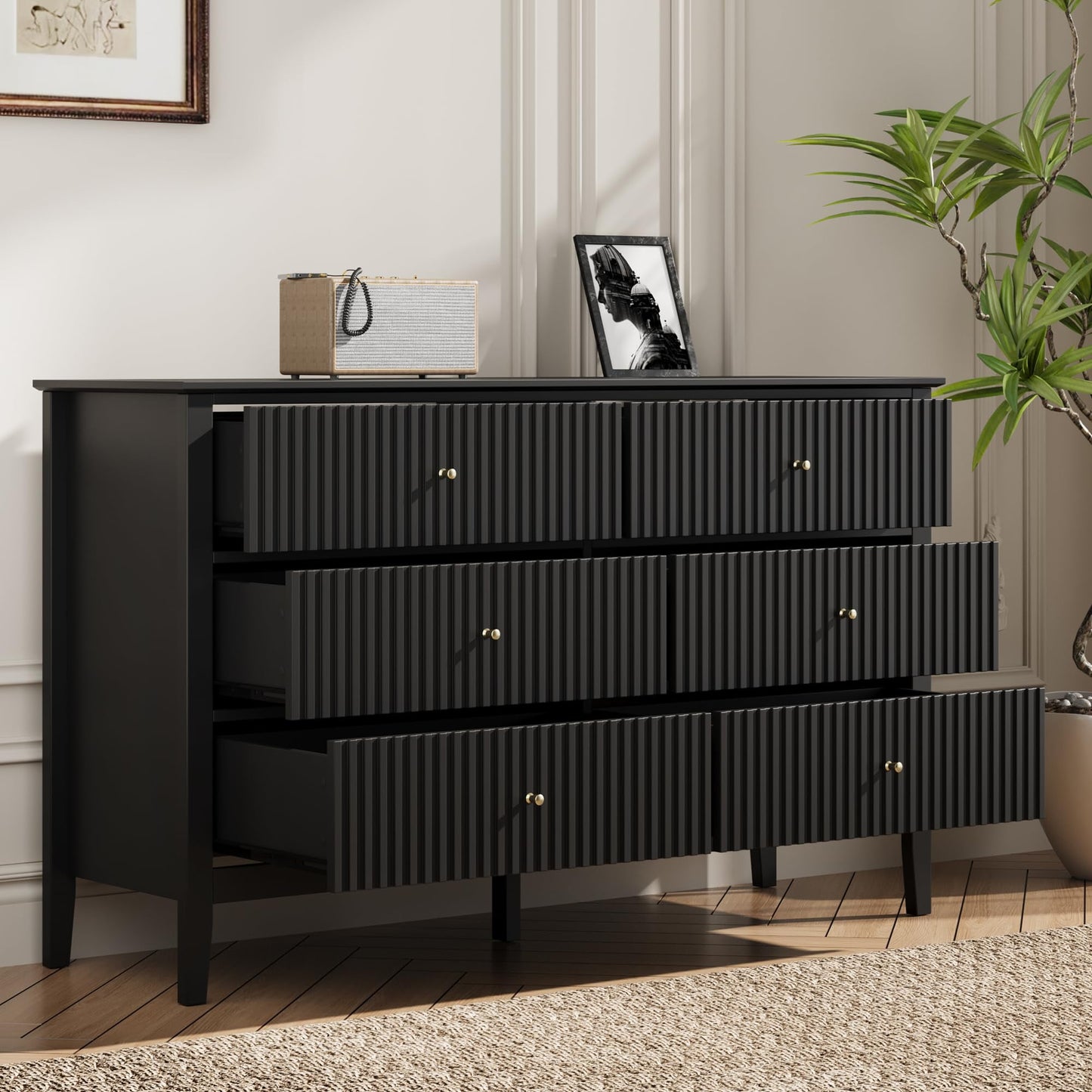 RoyalCraft Black 6 Drawer Dresser, Fluted Modern Wood Dresser, Double Chest of Drawers with Ball Bearing Slide, Long Dresser for Bedroom TV Stand Storage Cabinet for Living Room