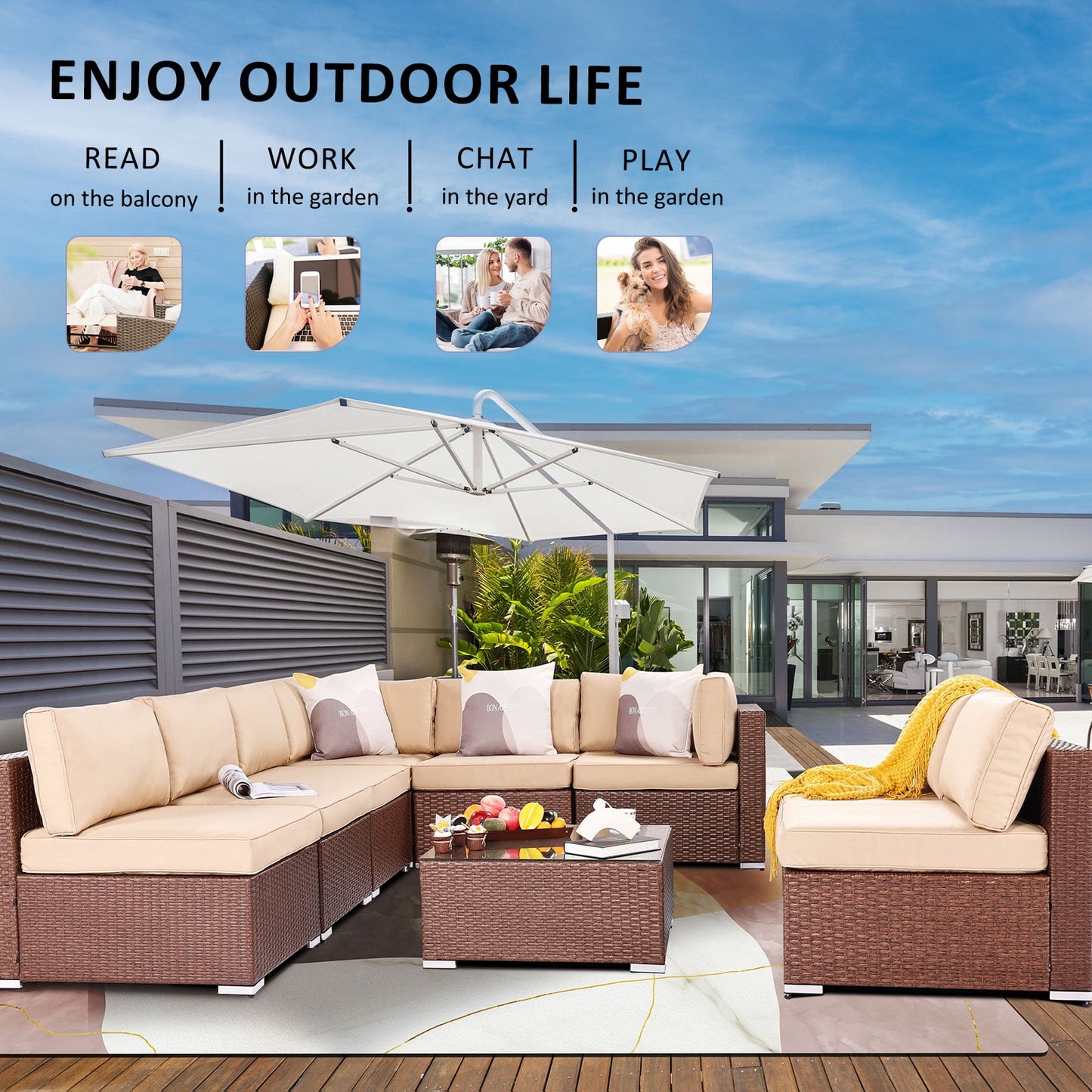 Sunvivi Wicker Patio Chaise Lounge Chair, Create the Patio of Your Dreams With Our Modular Furniture Sets, Black and Blue, PE Wicker
