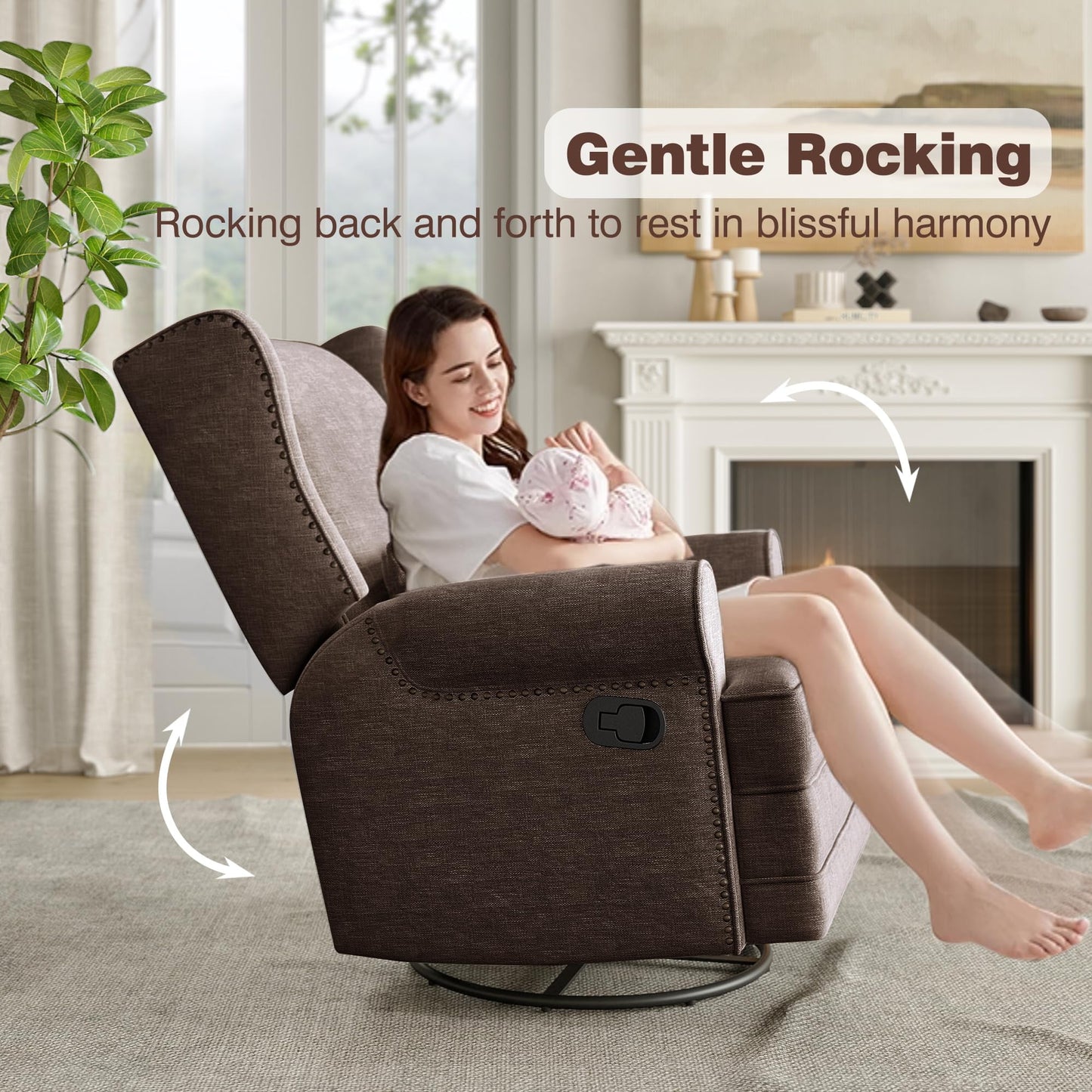 RoyalCraft Swivel Recliner Chair, Comfy Glider Rocking Chairs with Lumbar Pillow and Footrest, Upholstered Swivel Rocking Chair for Bedroom,Nursery,Brown