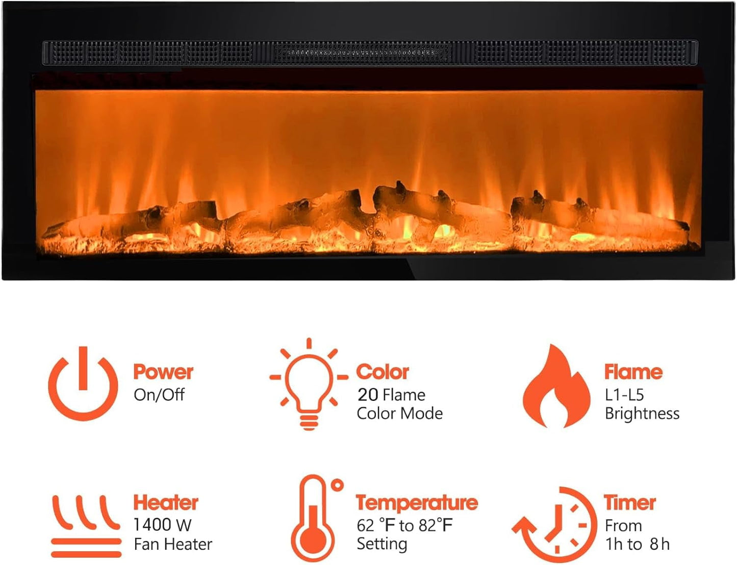 Royalcraft 23 Inch Electric Fireplace for TV Stand, Built-in Fireplace Heater with Multicolor Flames and Timer, 1400W Insert Heater with Remote Control, Low Noise, Black