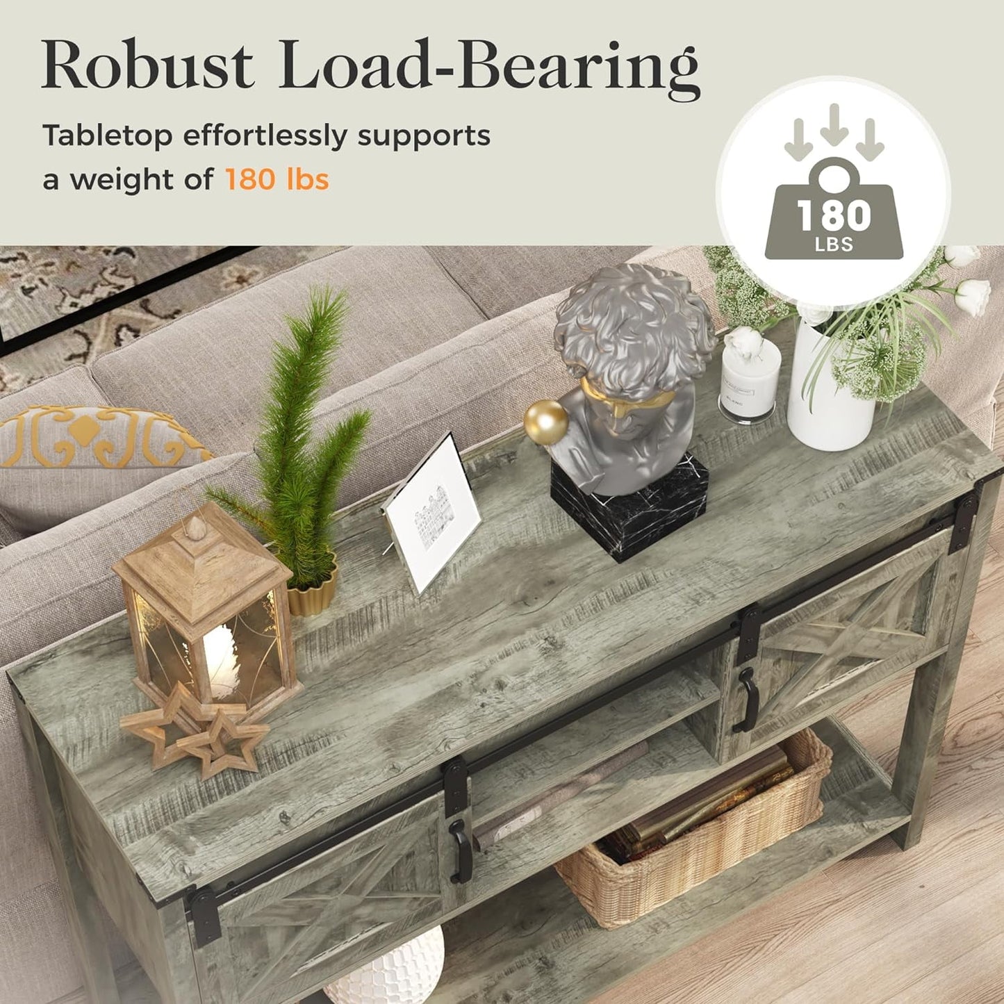Royalcraft Entryway Table with Storage Cabinets, 46" Modern Farmhouse Console Table with Sliding Barn Door, Wood Rustic Sofa Table with Adjustable Shelf for Hallway, Living Room, Foyer, Light Grey