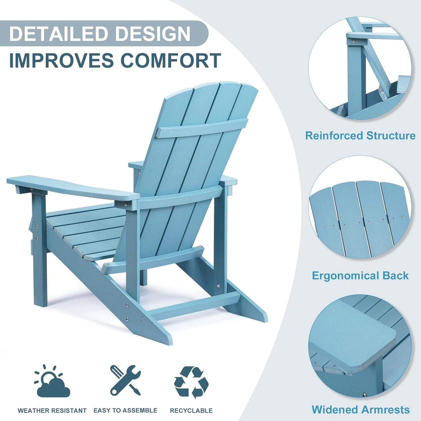 Royalcraft Adirondack Chairs, Weather Resistant Hips Plastic Fire Pit Chairs, Modern Poly Adorondic Outside Chairs, 350 LBS Adirondack Chair for Easy Assembly, White