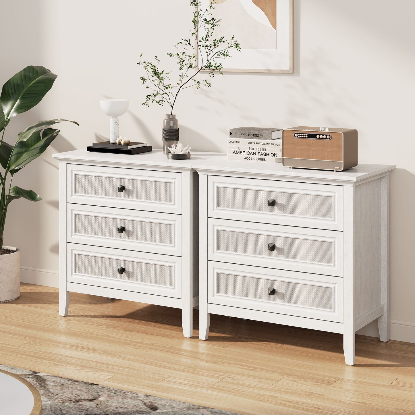 3 Drawer Dresser, Cane Nightstand with Rattan Decorated Drawers, Tall Bedside End Table for Bedroom, Living Room, Entryway