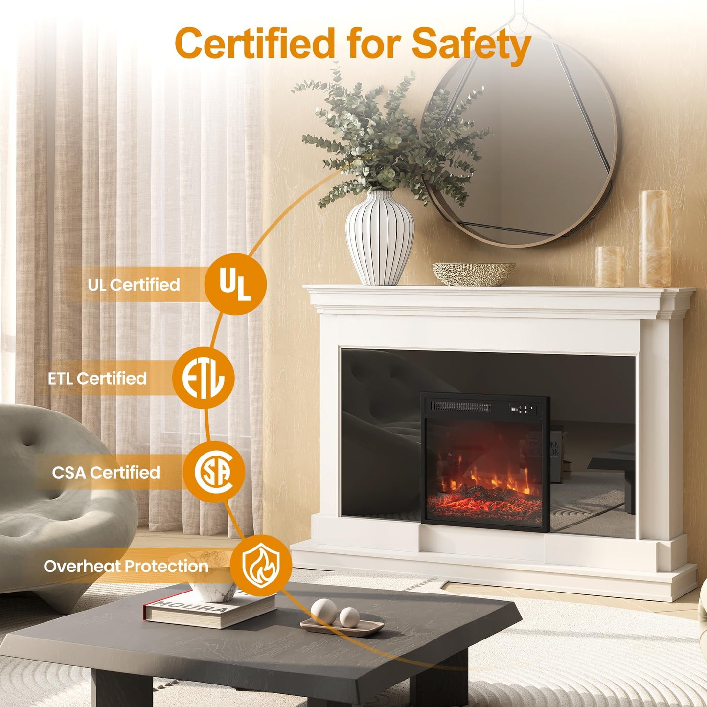 Heynemo 18'' Electric Fireplace Insert, Recessed Fireplace Heater with Remote Control, Small Heater with Low Noise, Adjustable Temperature, 8H Timer, Adjustable Flame Brightness, 110V/1500W, Black