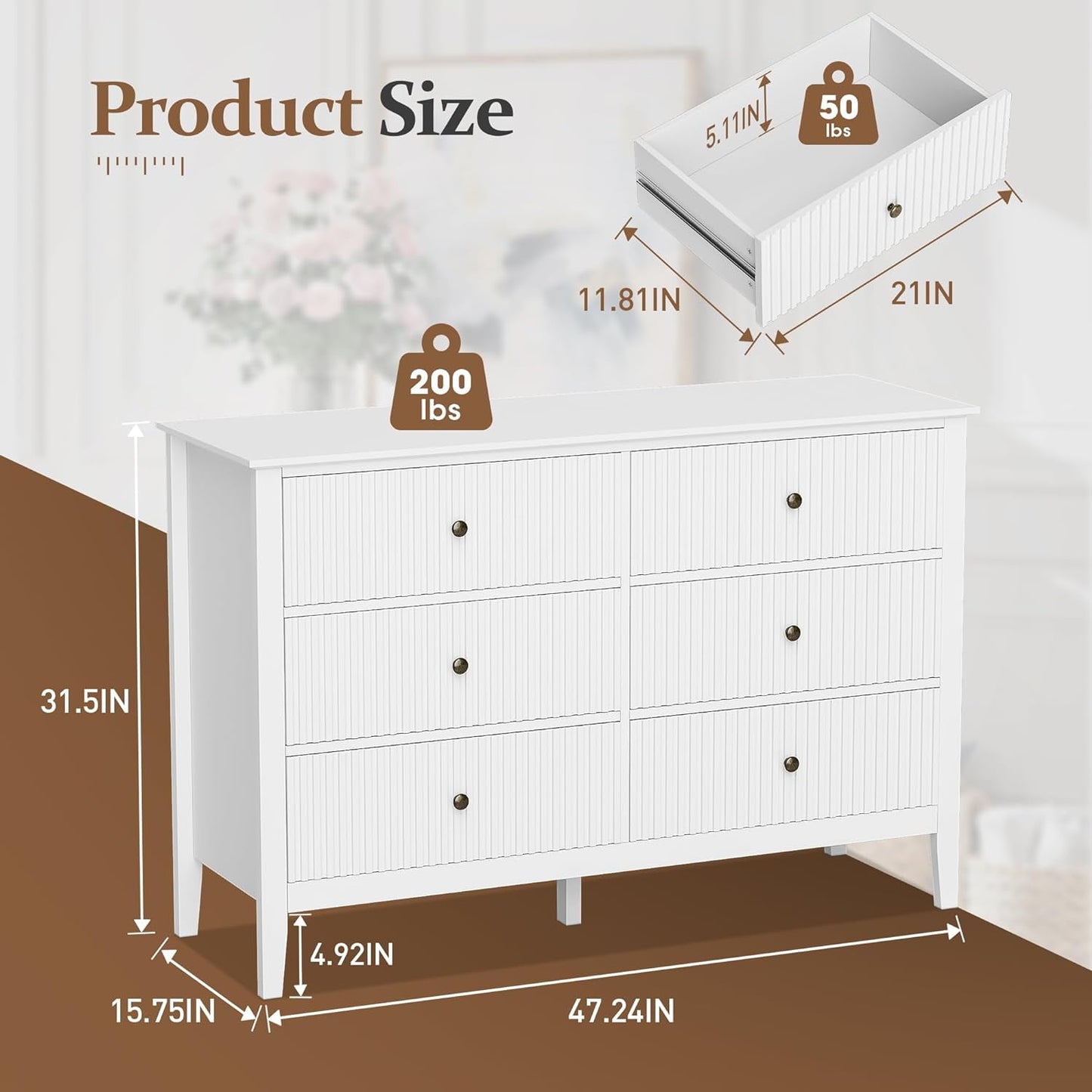 Superjoe 6 Drawer White Dresser Set of 2 for Bedroom, Modern Storage Chest w/Silent Slide & Waterproof Lacquered Desktop, Wood Side Organizer Cabinet for Living Room, Study Room, Nursery