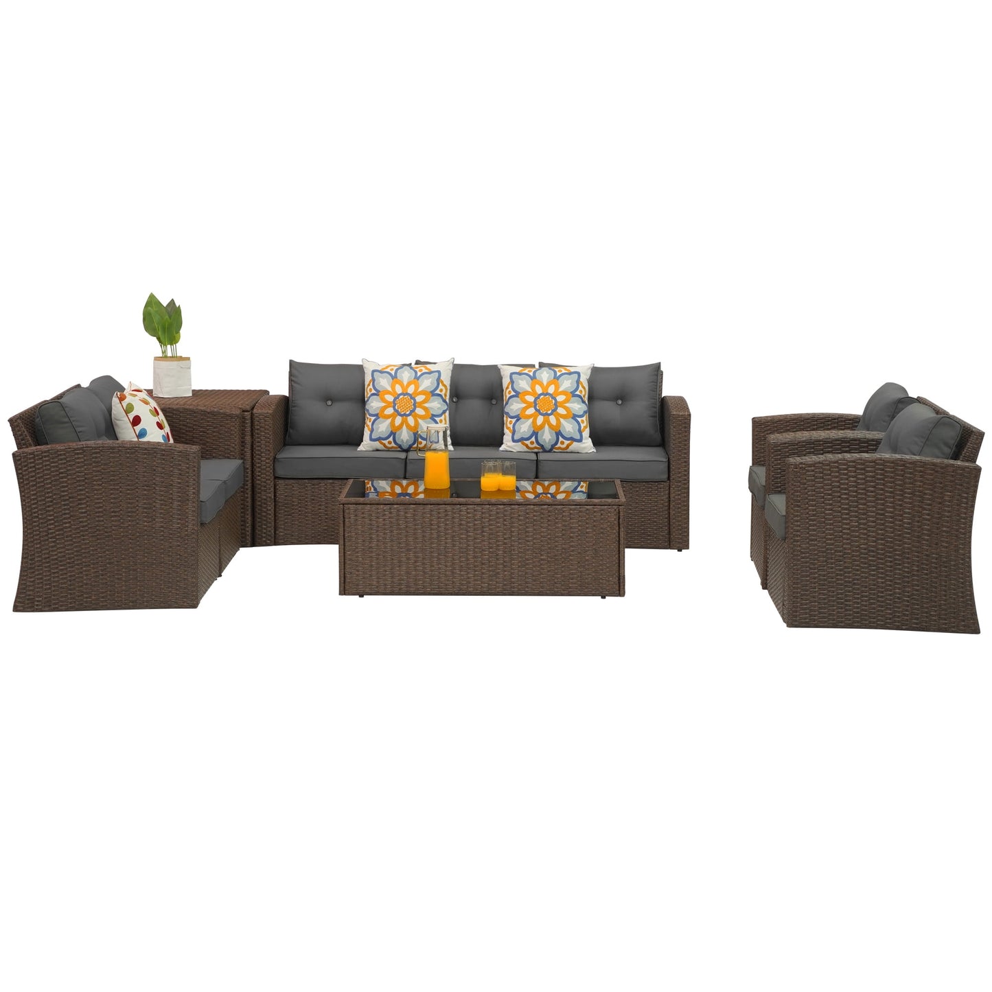 Royalcraft Outdoor Patio Furniture Set,10 Pieces Outdoor Sectional Wicker Sofa PE Rattan Conversation Sets with Dining Table,Aluminum Frame,Brown