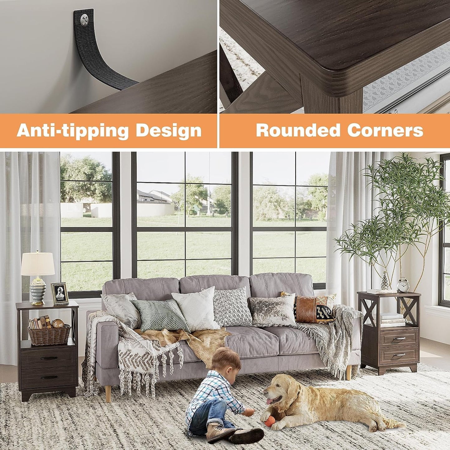 Royalcraft End Table, Side Table with X Shaped Design, Wooden Rustic End Table with 2 Large Storage Drawers and Large Open Shelf for Living Room