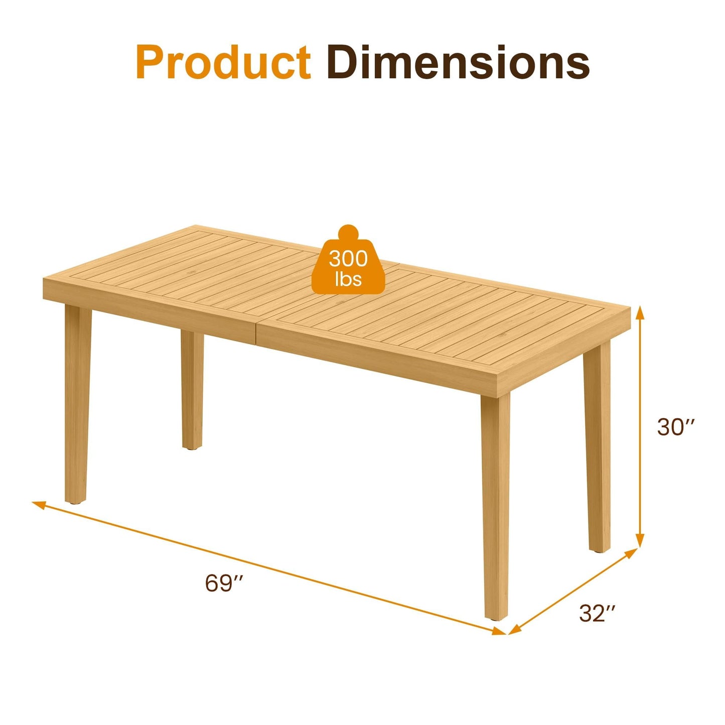 Heynemo Acacia Patio Dining Table, 6-Person Wood Picnic Table with Iron Leg, Outdoor Modern Dining Furniture for Backyard Lawn Garden Deck Indoor, Beige