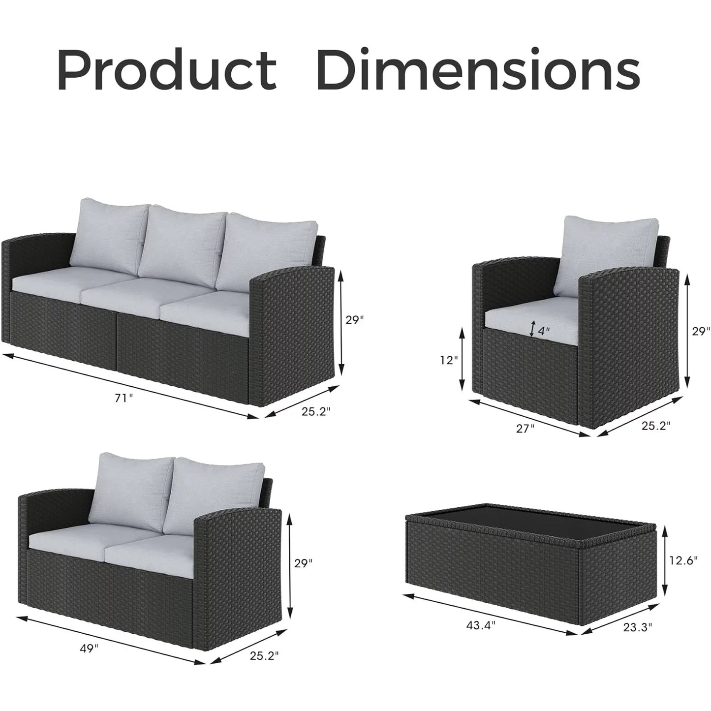 Royalcraft 8 Pieces Patio Furniture Sets, All-Weather Outdoor Sectional Wicker Conversation Set Outside Rattan Couch Sofa with Coffee Table and Grey Cushion