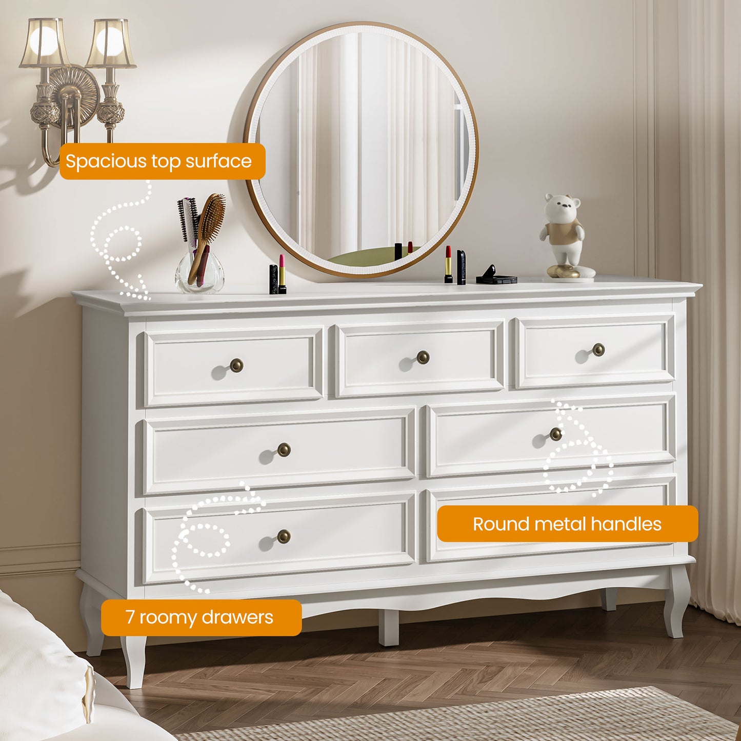 Dresser for Bedroom, 7 Drawers Dresser with Distinctive Wooden Legs & Black Paint Finish, Black Drawer Dresser with Spacious Storage Space for Bedroom, Living Room, Hallway