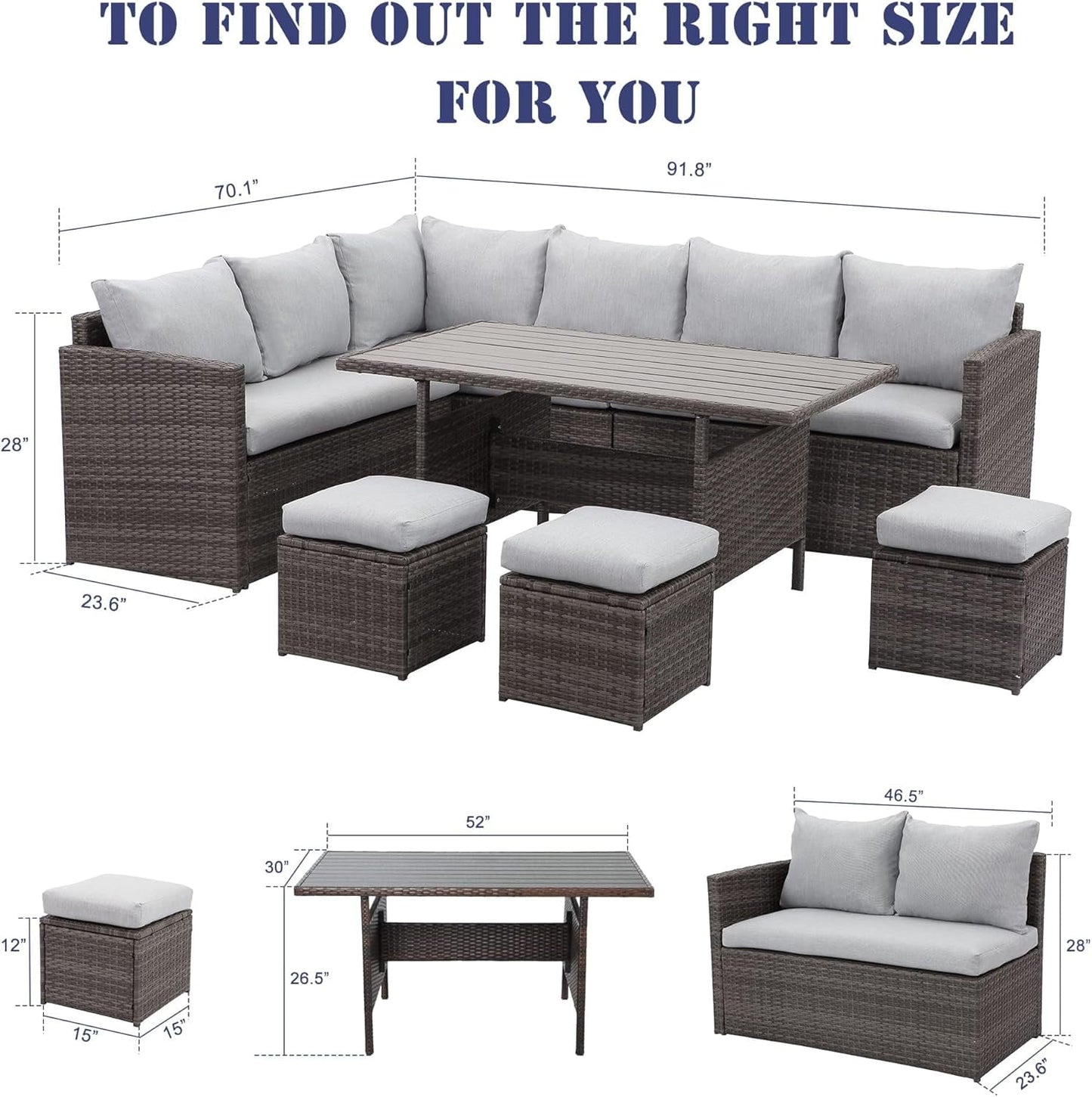 RoyalCarft 7 Pcs Outdoor Conversation Set All Weather Wicker Sectional Sofa Set Dining Table Chair and Ottoman,Steel Frame