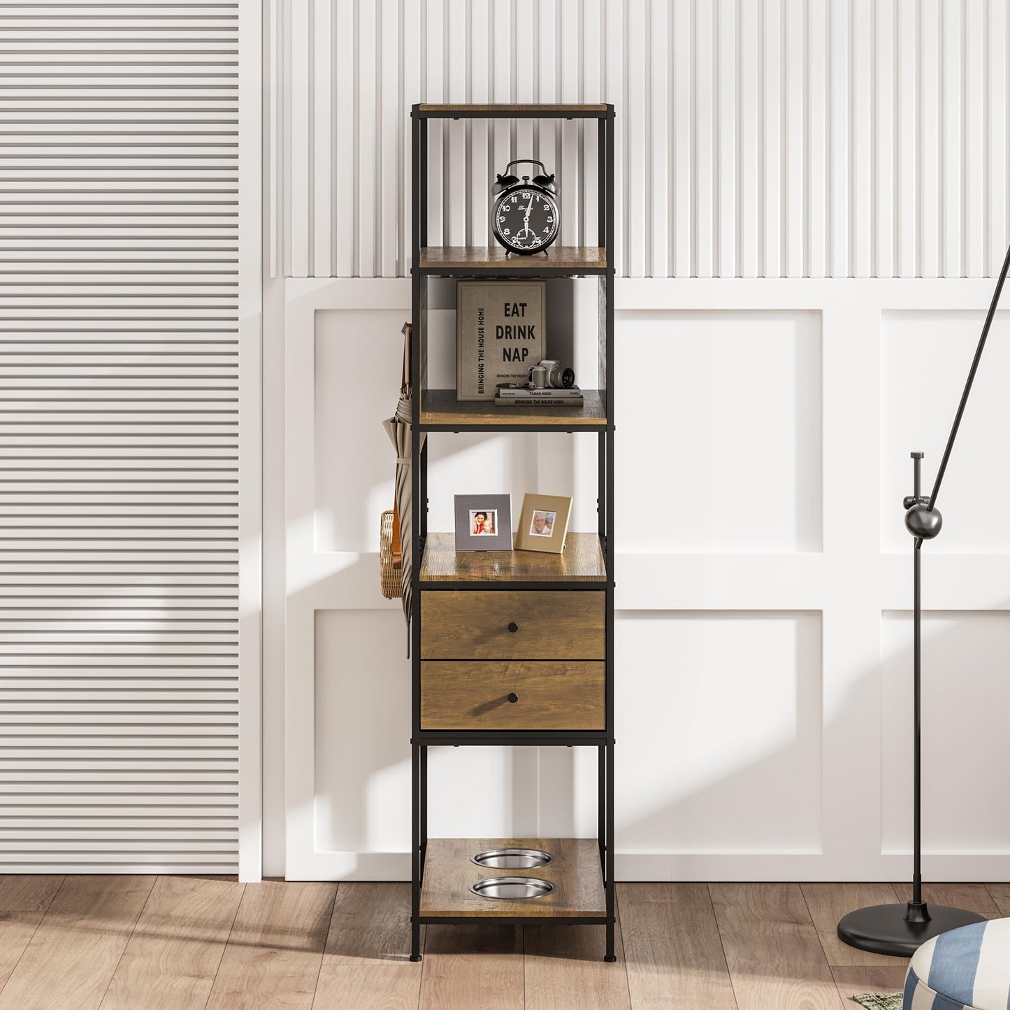 CozyHome Industrial Bookshelf, Standing Display Shelf with 2 Dog Bowls, Metal and Wood Bookshelf, Dog Feeder Station with Shelves, Brown