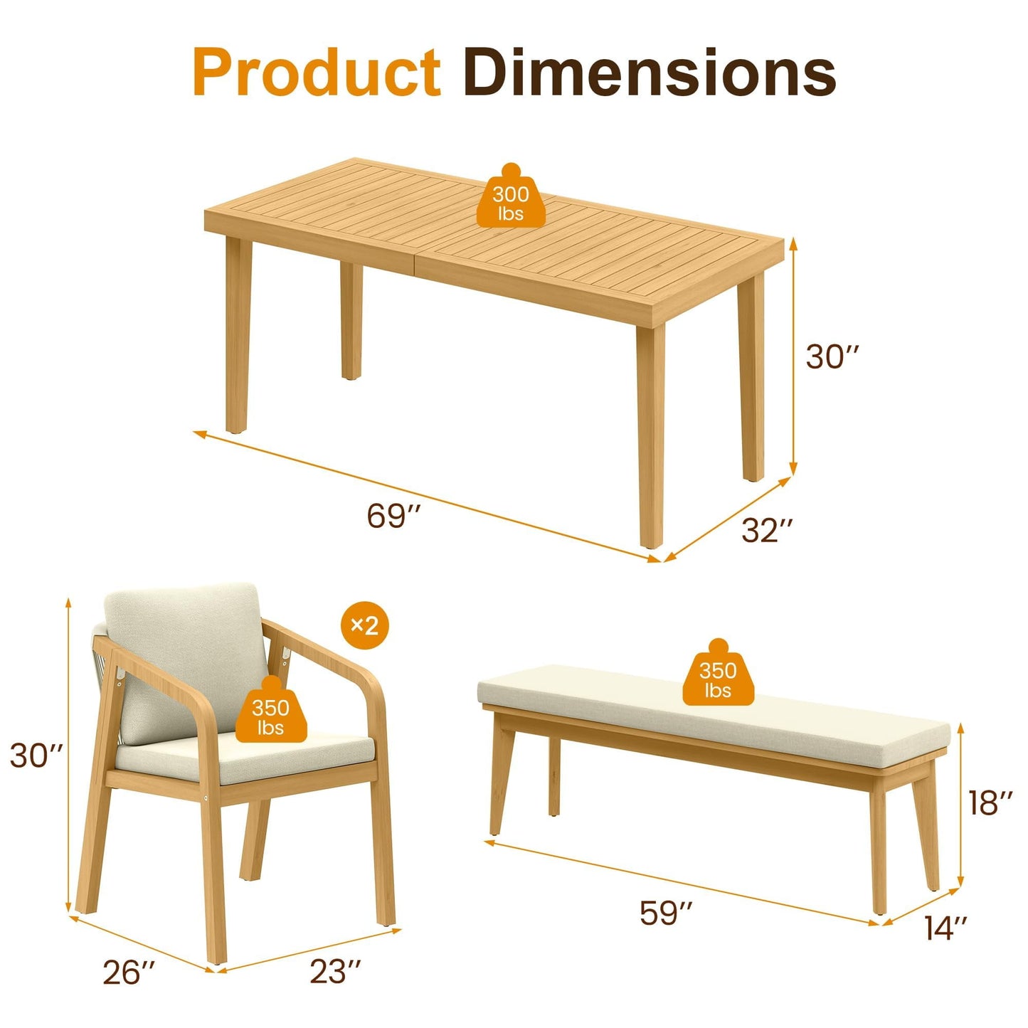 Heynemo Acacia 6 Pieces Patio Dining Set with Dining Table, Chairs, and Bench, All-Weather Wood Chairs with Cushions, Modern Outdoor Dining Furniture Set for Lawn, Backyard, Garden, Deck, Beige