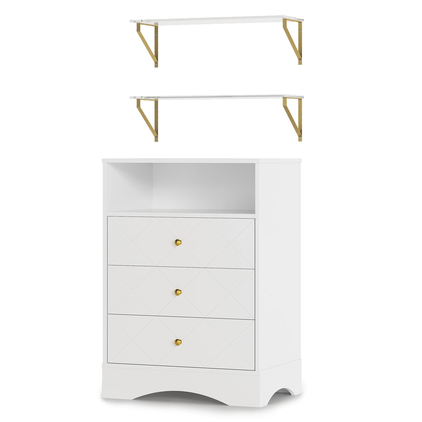 Royalcraft Dresser with Drawers & Floating Shelves, 3 Drawer Dresser with Open Storage & Painted Finish, Modern Storage Dresser for Bedroom, Closet, Hallway, White