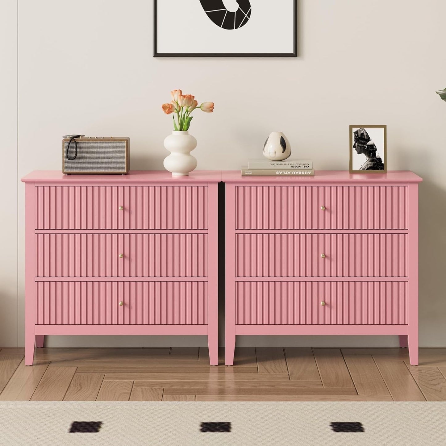 Mayincolor Fluted 32ch Wide Nightstand for Bedroom, Large Pink Nightstand with 3 Drawer, Modern End Table, Wood Beside Table for Home and Office