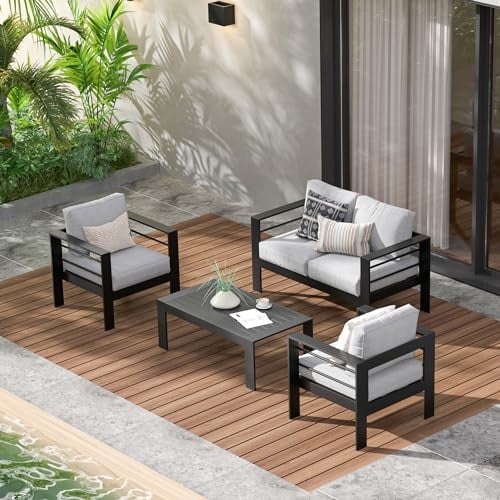 Mayincolor 4-Piece Aluminum Patio Furniture Set, Outdoor Furniture with Coffee Table, Metal Sofa Set for Deck, Porch, Balcony, Indoor, Black Frame & Light Grey Cushion