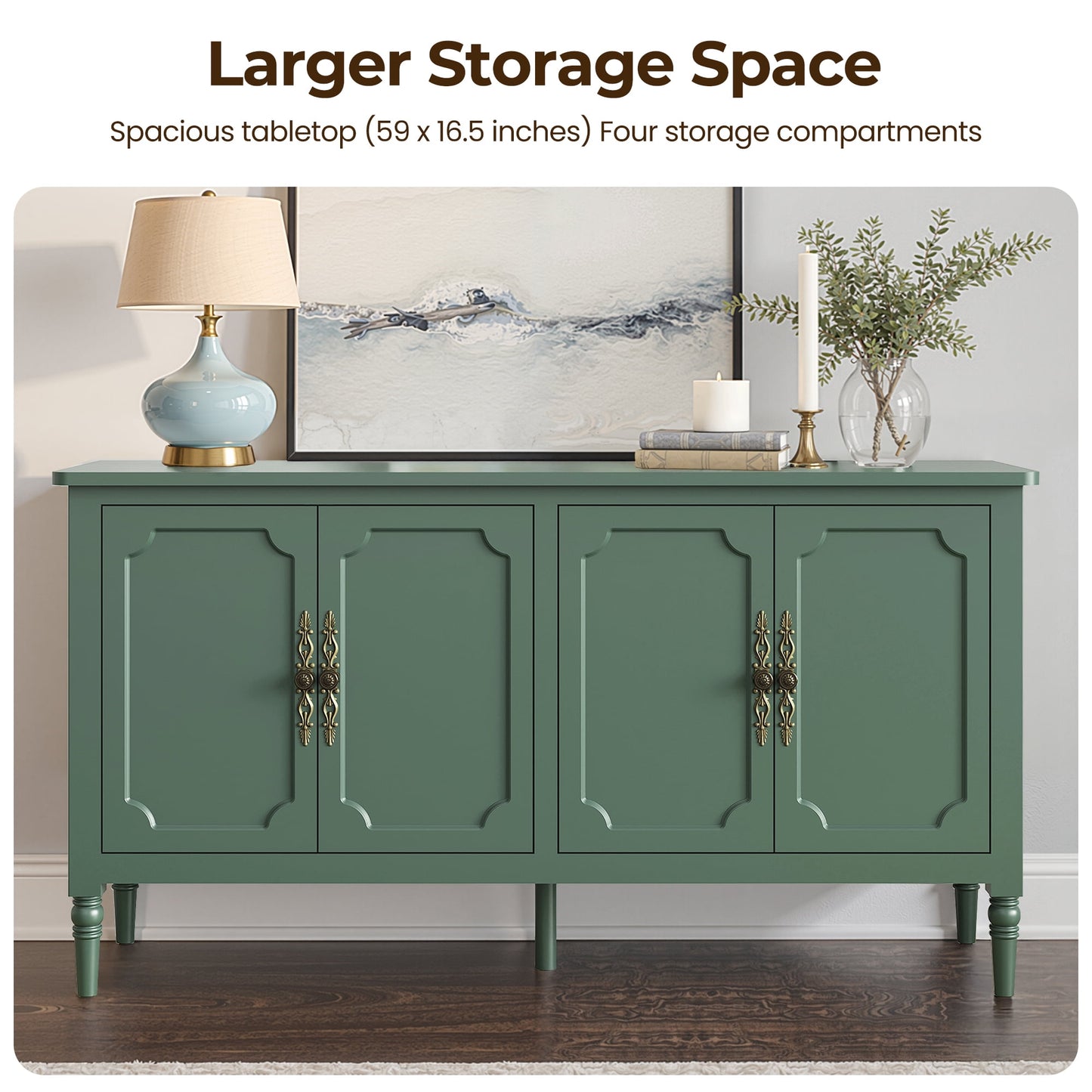 May in Color 58" Wood Buffet Cabinet, Mid-Century Modern Console Cabinet, with 4 Door & Media Storage, for Entryway, Living Room, Dining Room, Bedroom, Green