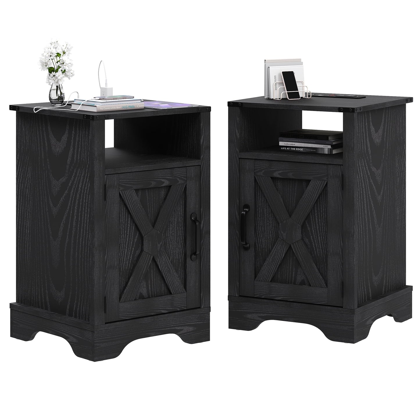 Mayincolor Farmhouse Nightstand Set of 2 with Charging Station, Wooden End Table, Rustic Night Stand with Storage Cabinet and Shelf, Tall Bedside Table for Bedroom, Living Room, Black