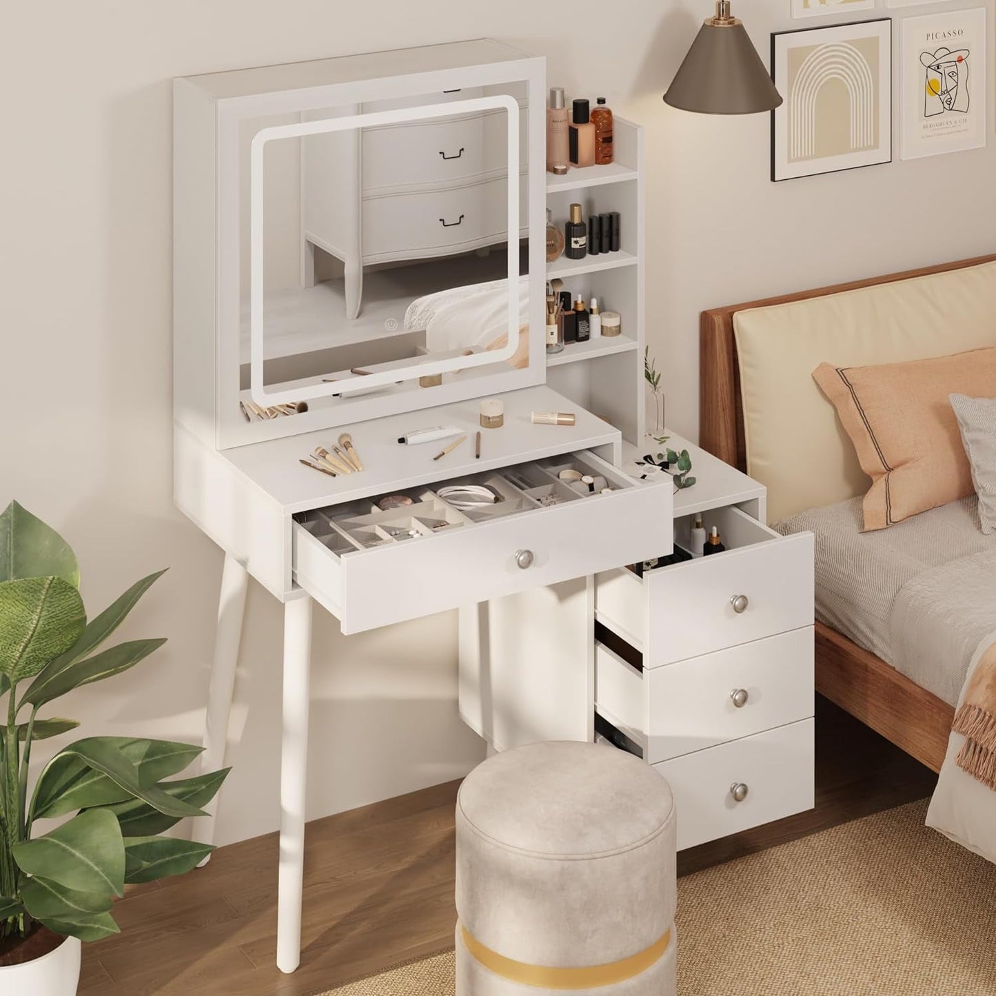 Royalcraft Makeup Vanity Table Set with Sliding Lighted Mirror, White Dressing Table with 3 Color Touch Light, Small Vanity Desk with 4 Drawer & Hidden Shelves for Women Girls