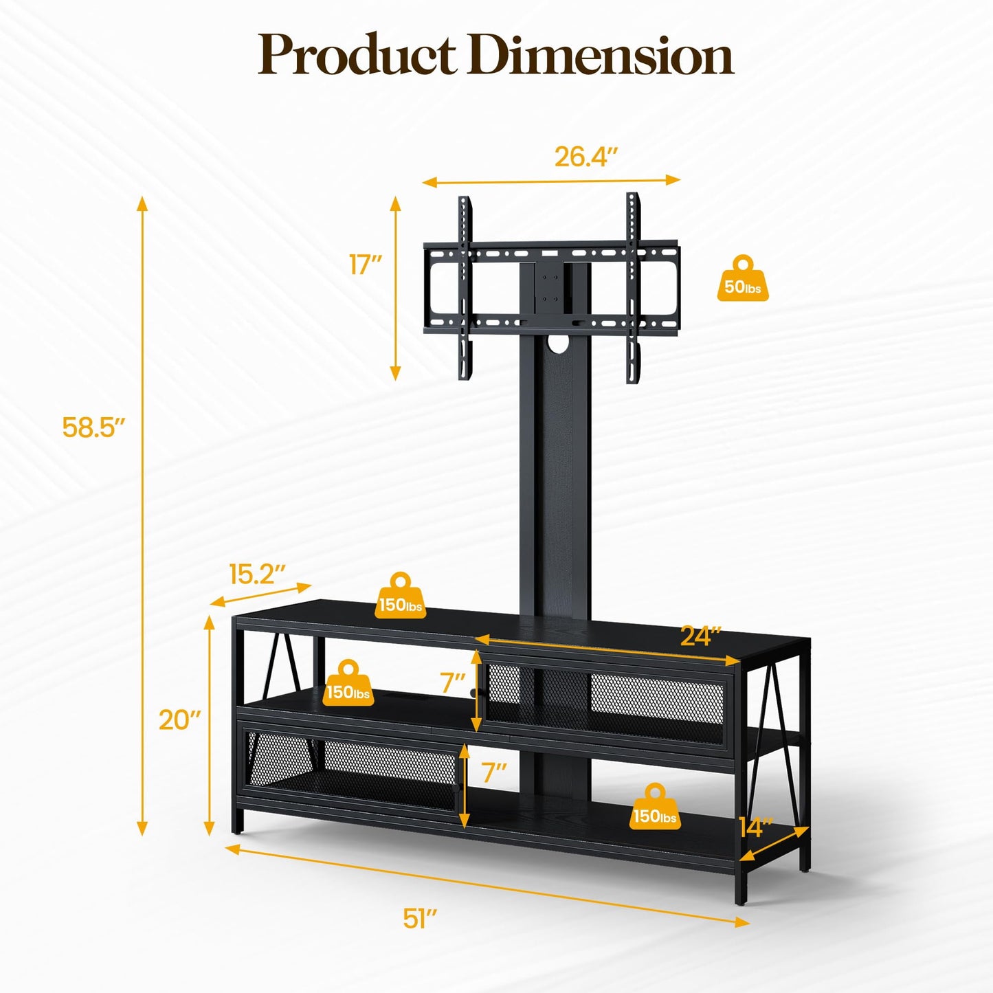 RoyalCraft TV Stand with Mount and LED Light, Swivel Entertainment Center for TVs 32-65 Inches, 3-Tier Gaming Media Console Tablefor Living Room, Bedroom, Office, Black