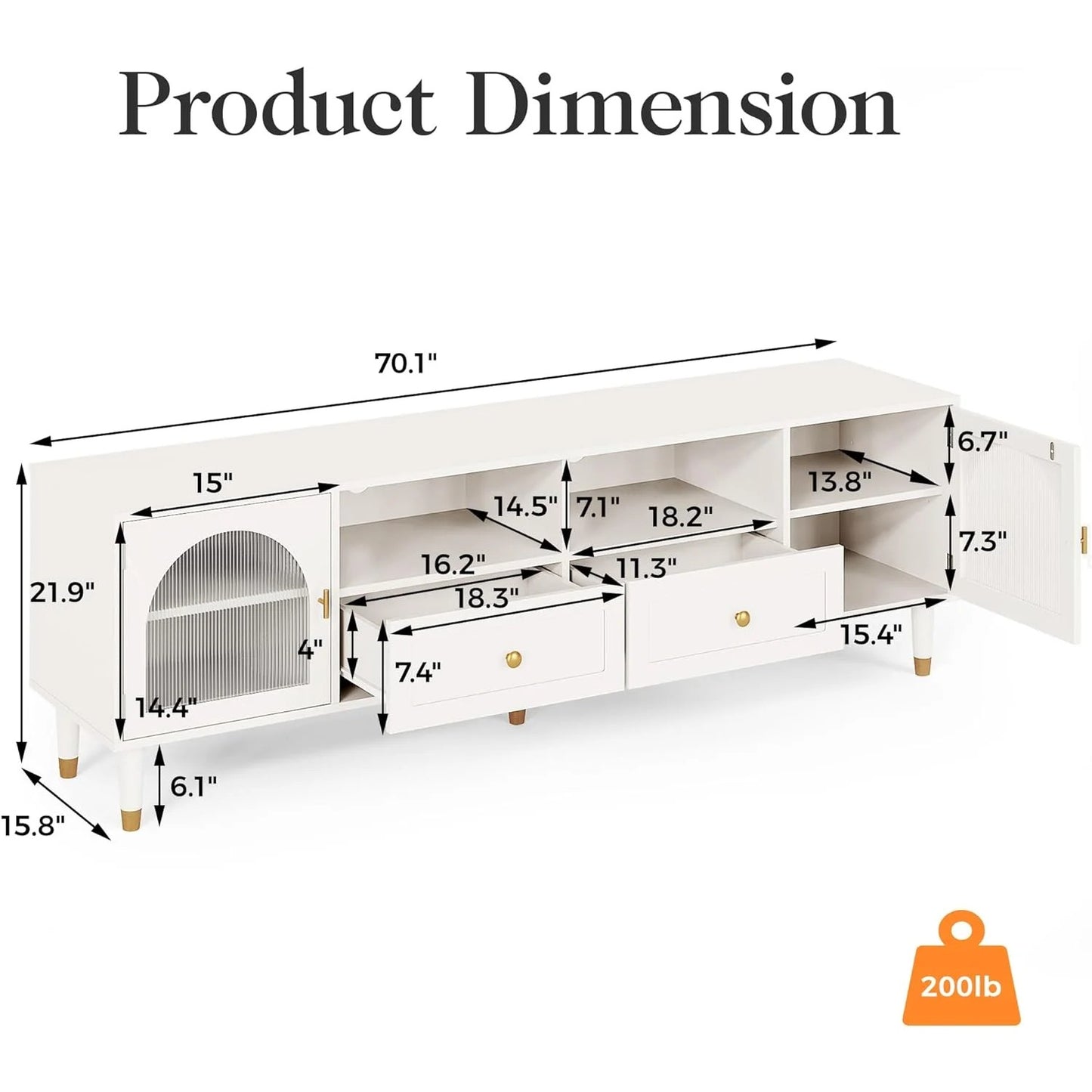 RoyalCraft Mid Century Modern TV Stand for 70 Inch TV, Entertainment Center with Acrylic Doors & Drawers, Wood TV Cabinet with Storage, TV Consoles for Living Room, Bedroom, White