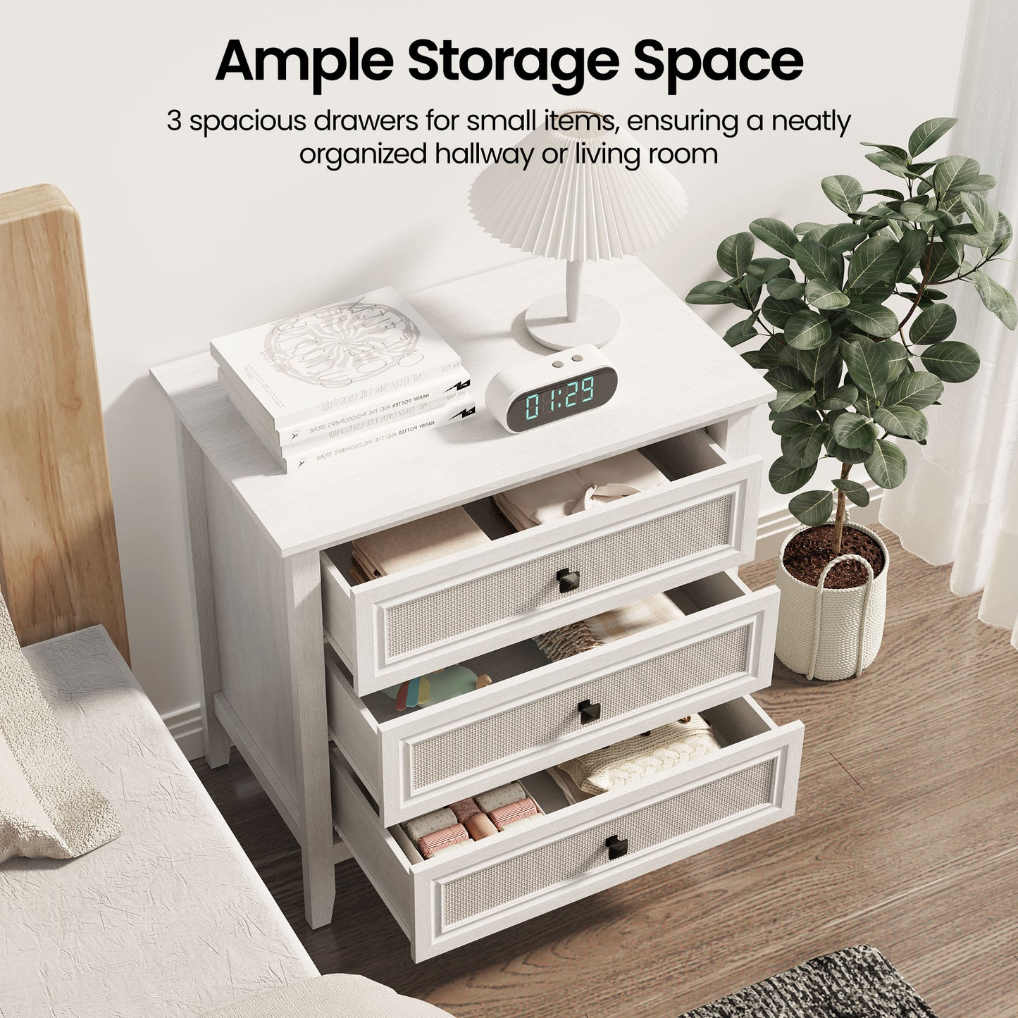 3 Drawer Dresser, Cane Nightstand with Rattan Decorated Drawers, Tall Bedside End Table for Bedroom, Living Room, Entryway