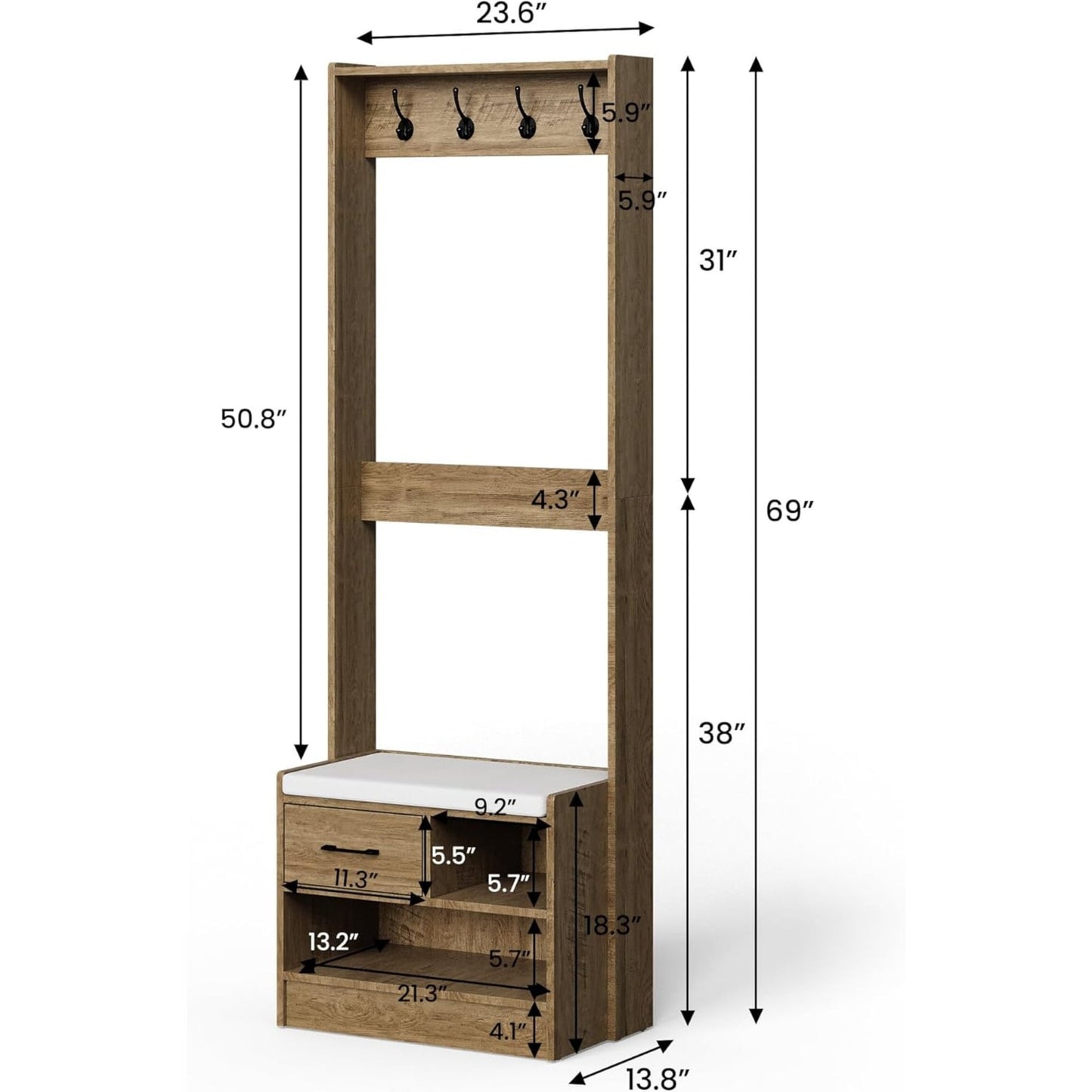 Superjoe Hall Tree with Bench, Entryway Bench with Coat Rack, Shoe Storage, Soft Cushion, Wood Entryway Furniture, White