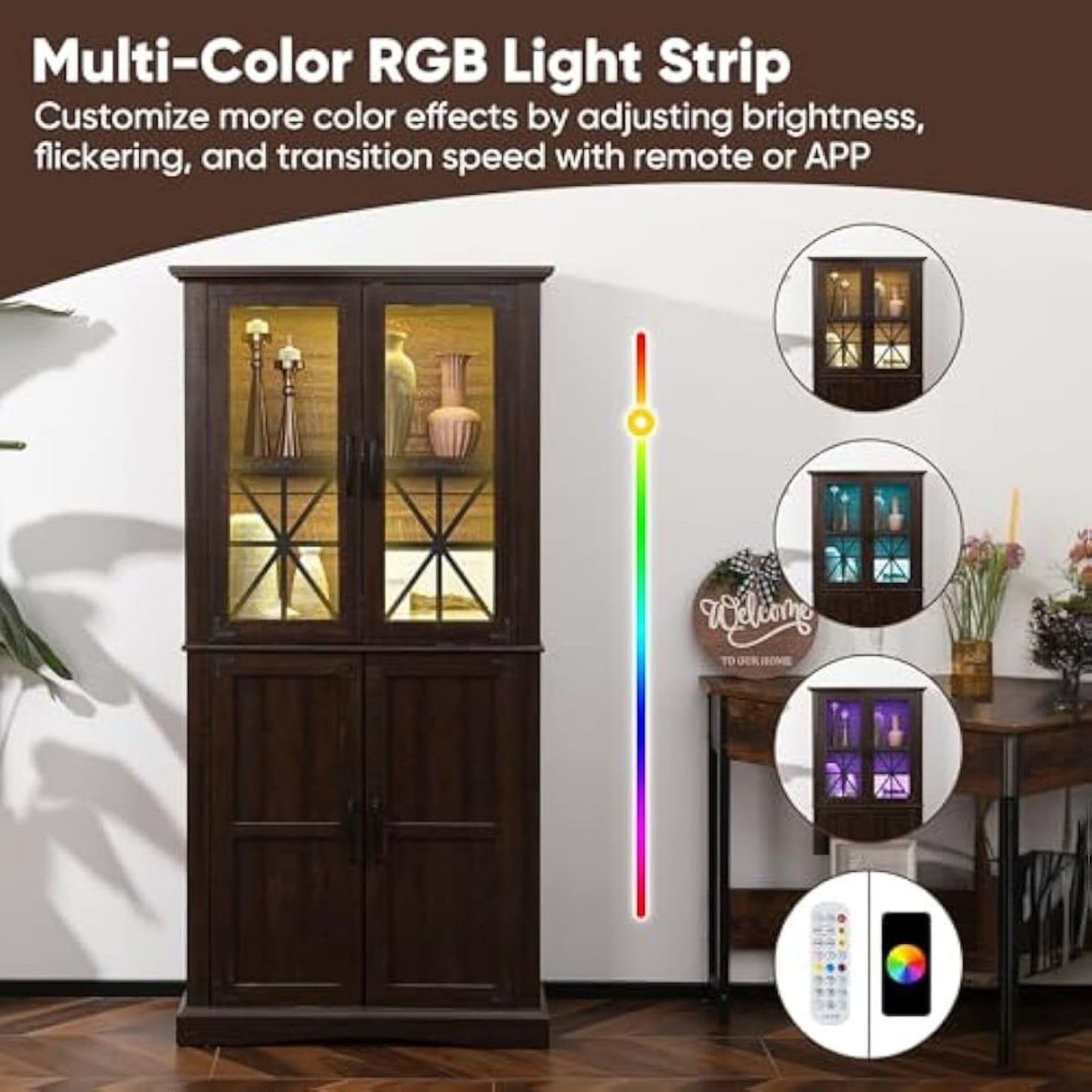 CozyHome 69'' Tall Farmhouse Storage Cabinet, Retro Display Cabinet with RGB Lights, Freestanding Kitchen Pantry Cabinet, Living Room, Home Office, Brown