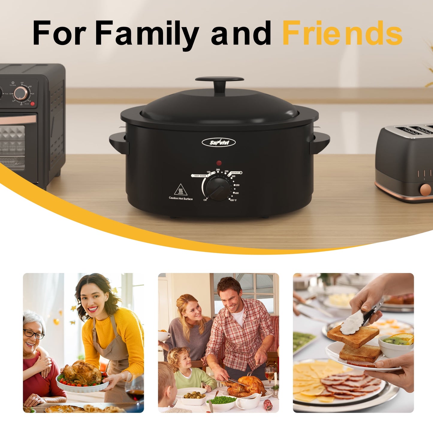Royalcraft Roaster Oven with Self-Basting Lid, 8qt Electric Roaster with Removable Pan & Rack, Turkey Roaster Oven with Defrost & Warm Function, Stainless Steel, Black
