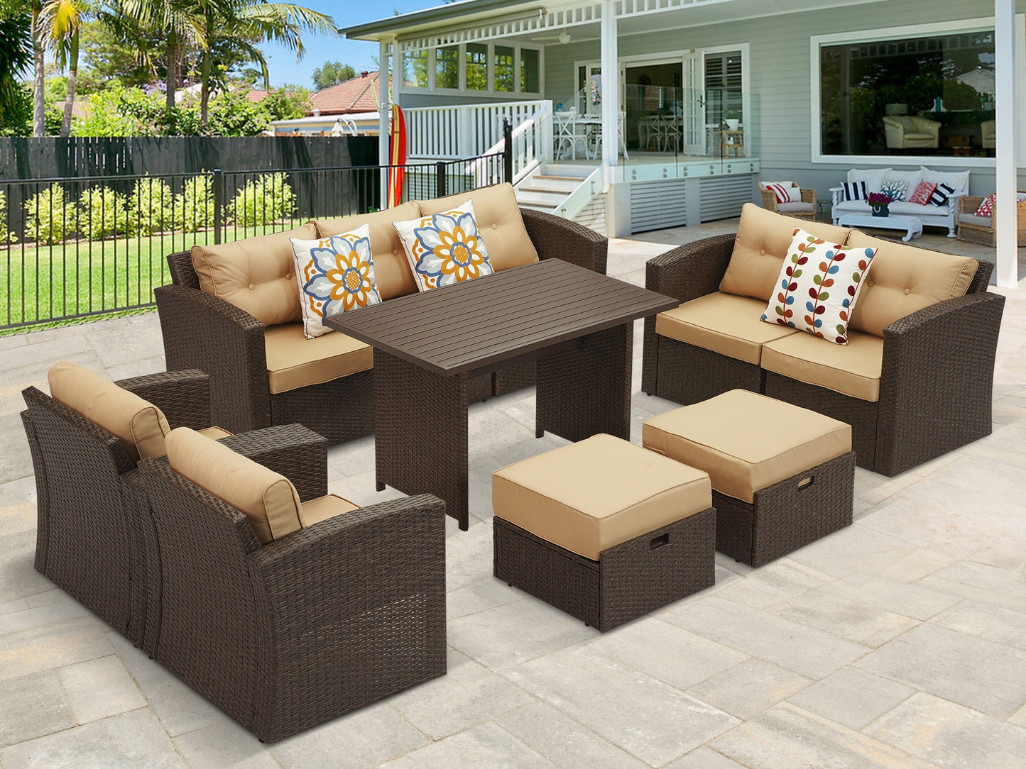 Royalcraft Outdoor Patio Furniture Set,10 Pieces Outdoor Sectional Wicker Sofa PE Rattan Conversation Sets with Dining Table,Aluminum Frame,Brown