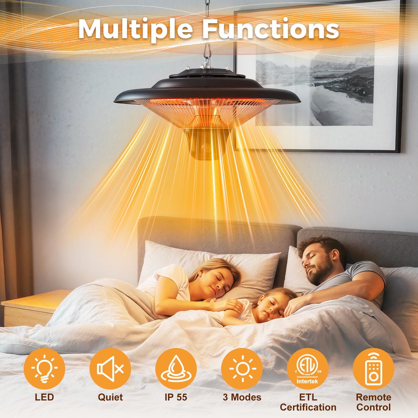 Outdoor Patio Heater, 1500W Outdoor Hanging Heater, Electric Infrared Hanging Heater with 3 Adjustable Modes, Waterproof Ceiling Heater for Porch, Garage, Balcony, Black