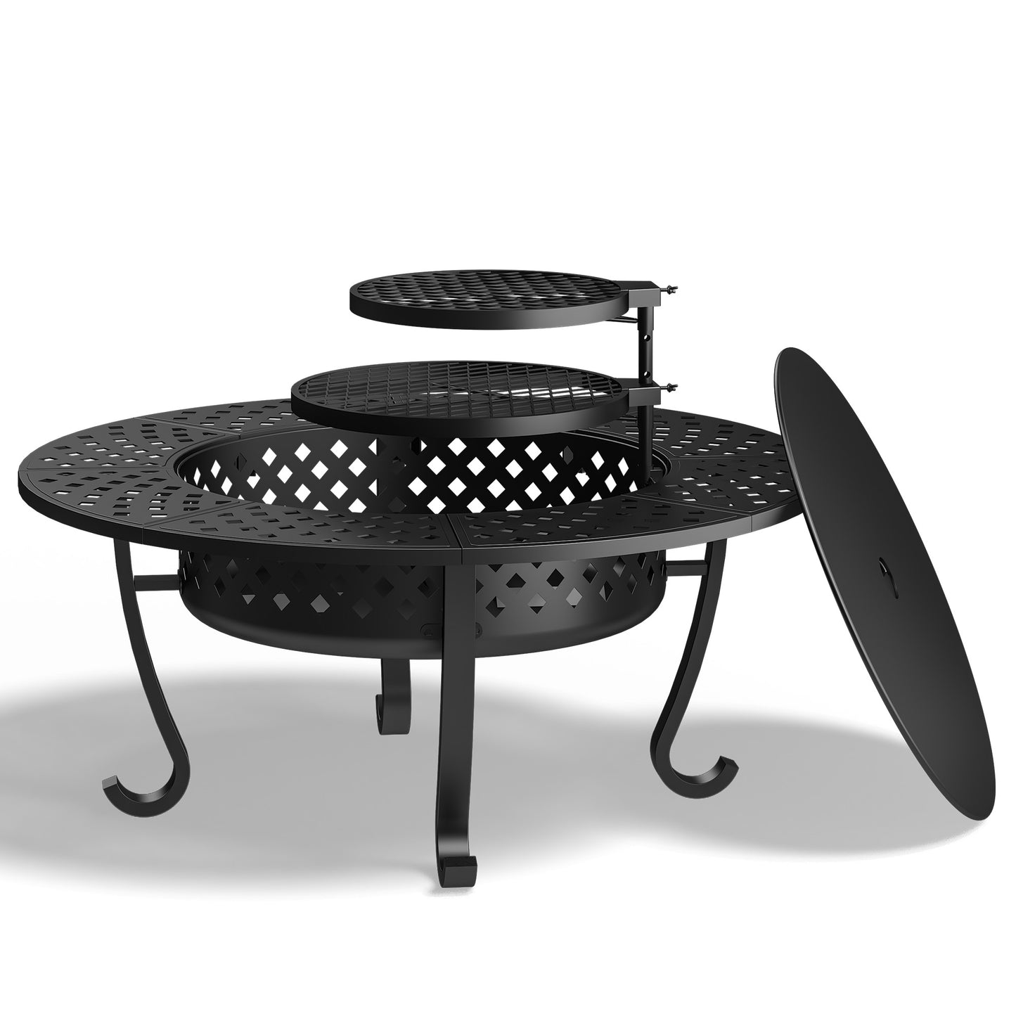 43'' Fire Pit with 2 Grills, Outdoor Wood Burning Fireplace with Lid and Fire Poker, BBQ & Bonfire & Round Metal Table 3 in 1 for Patio, Backyard, Garden, Black